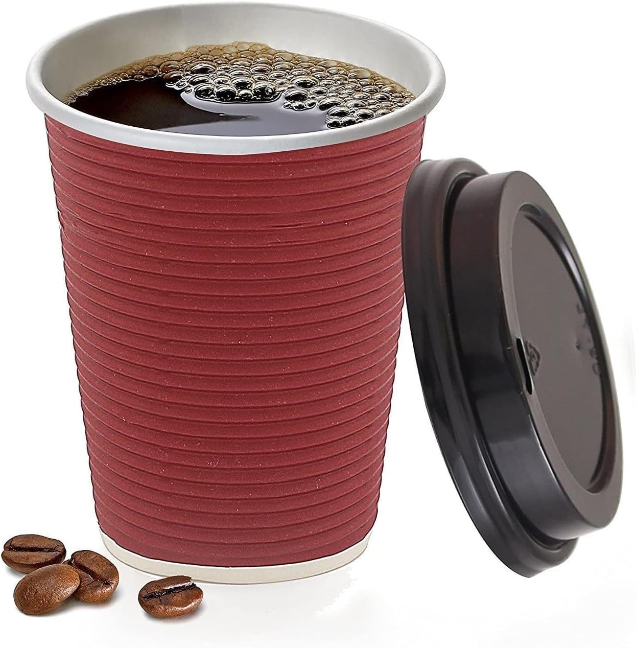 PARTY BARGAINS 50 Disposable Rippled Insulated Hot Cups with lids, 12oz Burgundy Color. No Sleeves Needed to Go Teacup. Heat Protection Coffee Espresso