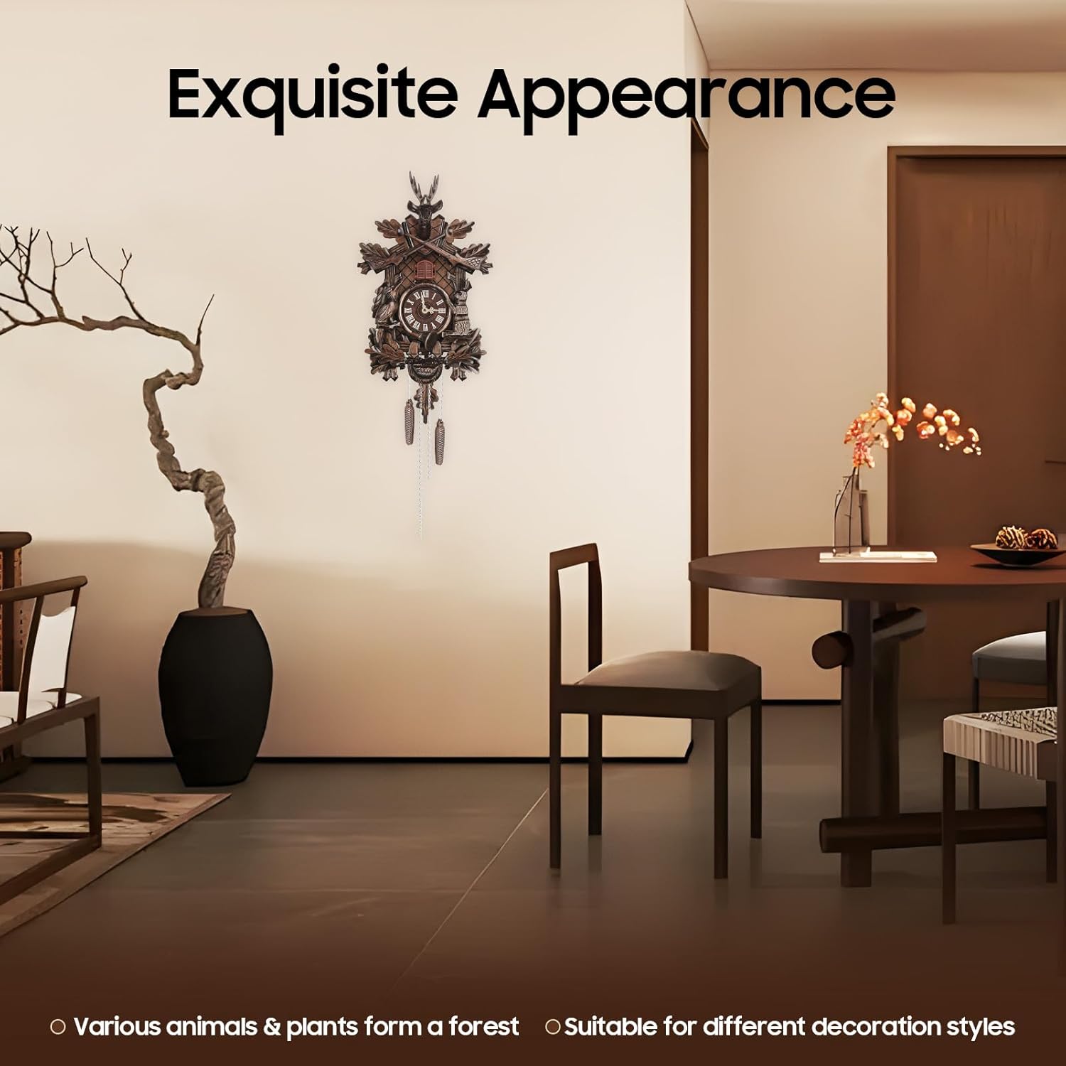 Traditional Black Forest Cuckoo Clock Handcrafted Wooden Wall Clock with Pendulum, Quartz Movement, Night Shut-Off and Music On/Off Switch