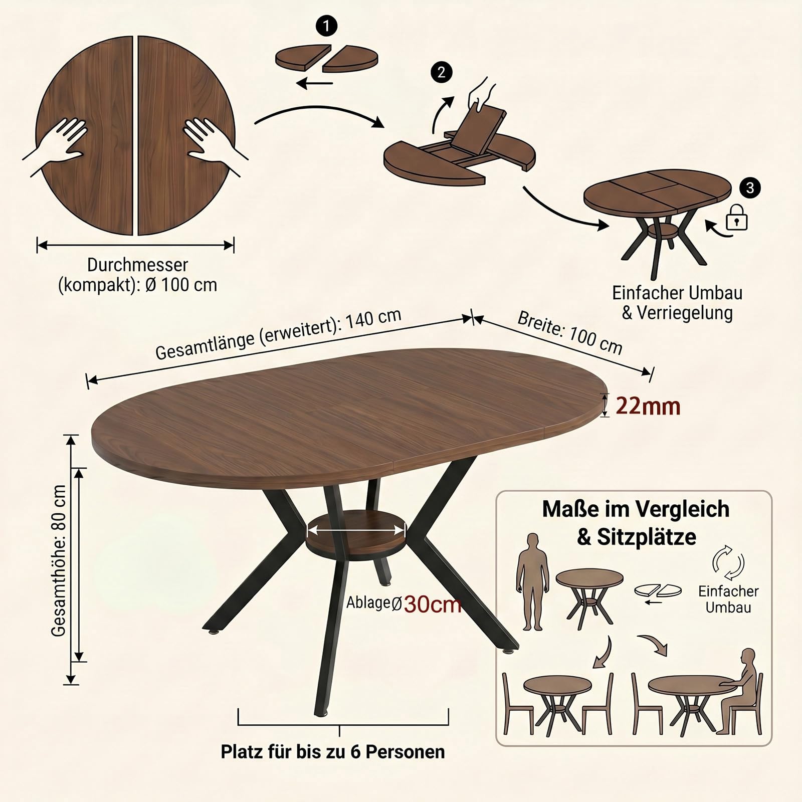 Mesa de comedor redonda extensible, 100 – 140 cm, redonda, mesa de cocina de madera, mesa de comedor ovalada con función telescópica, mesa de salón extensible con estantes abiertos para