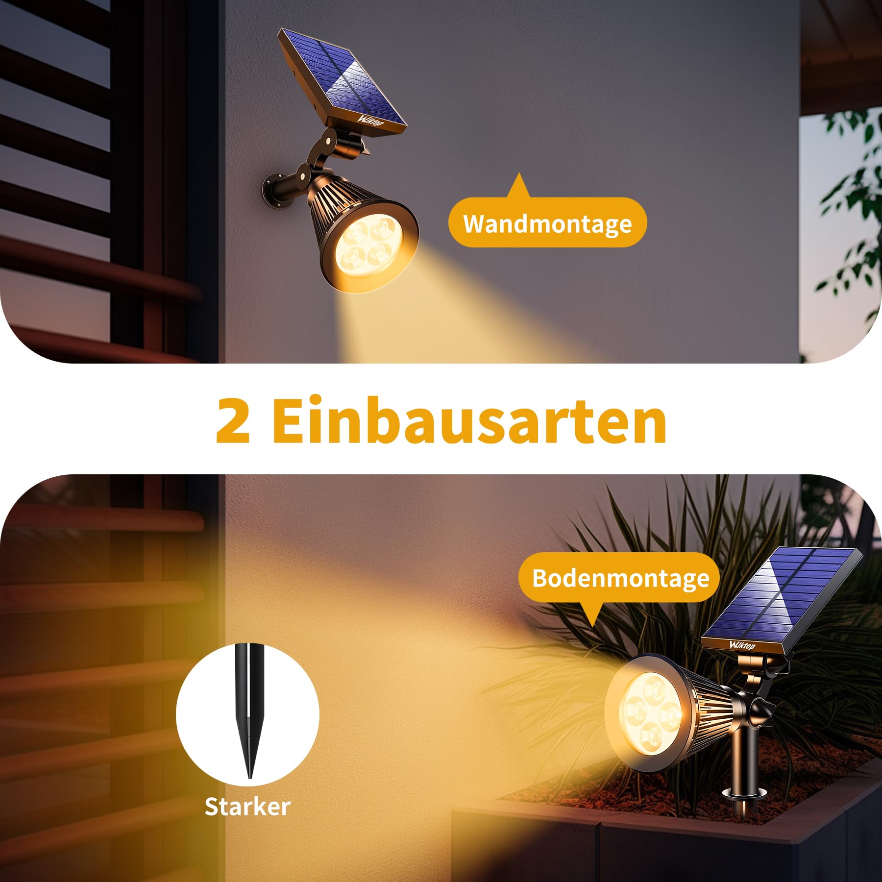 Reflektor solarny LED do zewnątrz, lampa solarna Landscape (2 x ciepła biel) wersja 3, super jasna, zasilana energią słoneczną; wodoszczelna do ogródka