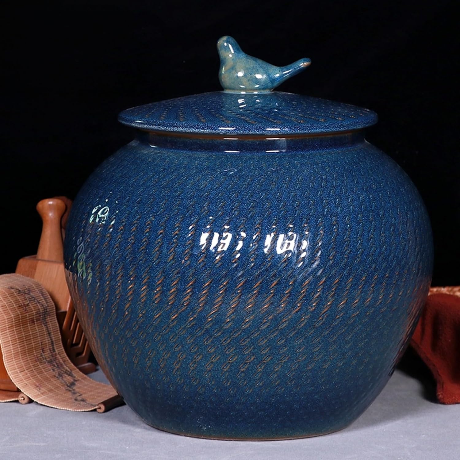 JKGHK Ceramic Rice Bucket, Chinese Ceramic Rice Jar with Bird Handle, Rice Storage Container with Lid, Ceramic Rice Cylinder, Large Food Storage, for Flour, Food(BlueA,15kg)