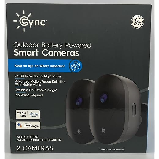 (Pack of 2) GE Cync Outdoor Battery Powered Smart Wi-Fi Camera, 2K HD Resolution & Night Vision, Motion/Person Detection with Mobile alerts, Wireless, Compatible with Alexa and Hey Google