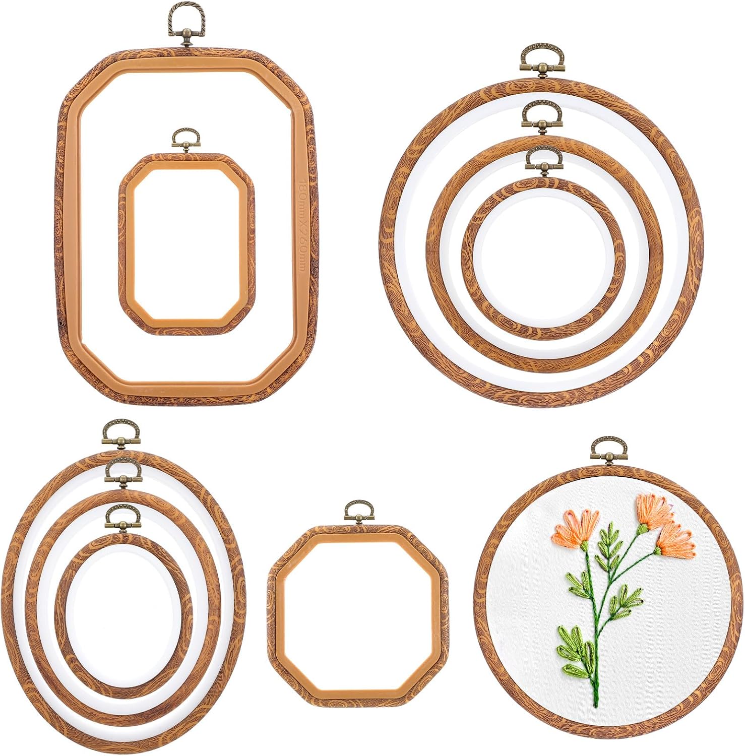 9 Pcs Large Embroidery Hoop Frame Decorative Imitated Wood Display Frame Circle Oval Octagonal Cross Stitch Hoop Ring for Art Craft DIY Sewing and Hanging Ornaments Decor(Mixed Shape)