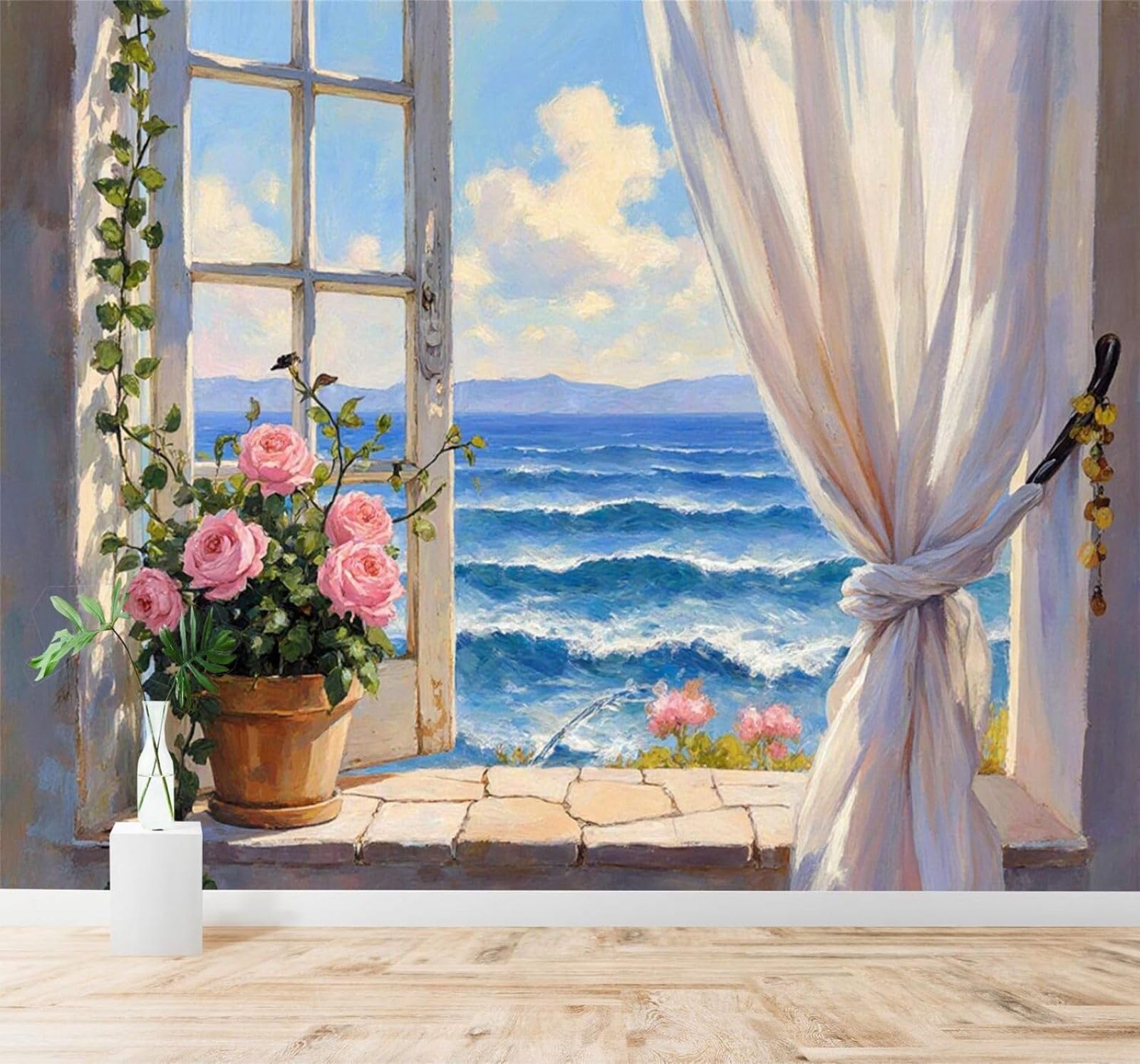 Xlming 250Cm×170Cm(B×H) View From A Window Pink Roses Ocean Waves Bright Coastal Scenery 3D Wallpaper Silky Texture Home Study Office Grey Dining Room Sofa Bedroom Living Room Tv Backdrop-250Cm×170Cm