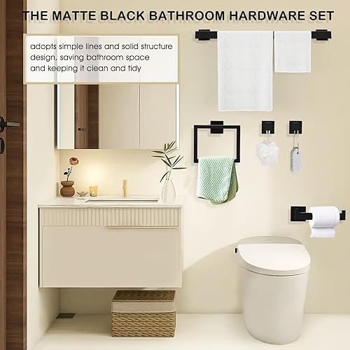 Miniatura 3 de Juego de 15 piezas de accesorios de baño negro mate, juego de toallas de baño de 23.3 pulgadas, juego de toallero cuadrado, toallero cuadrado de
