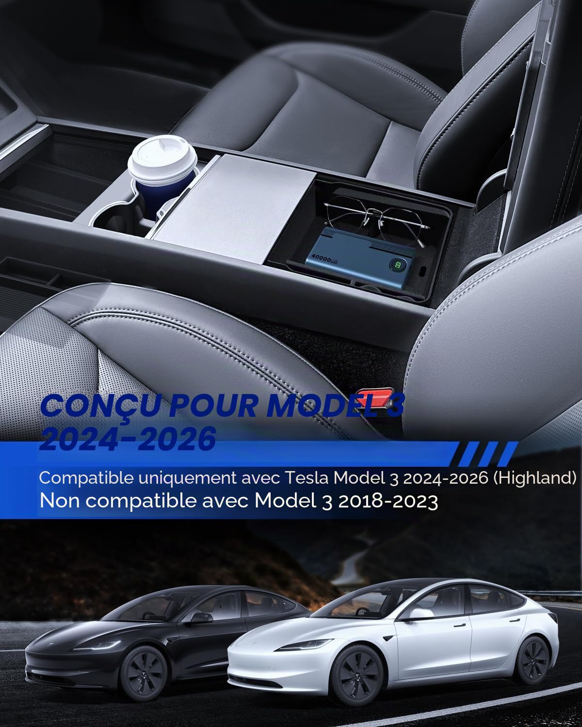 5 Pcs Accessoires pour Tesla Model 3 2024-2026 Organisateur de Console Centrale, Plateau en Silicone, Boîte de Rangement pour Accoudoir, Boîte Cachée et Porte-Gobelet