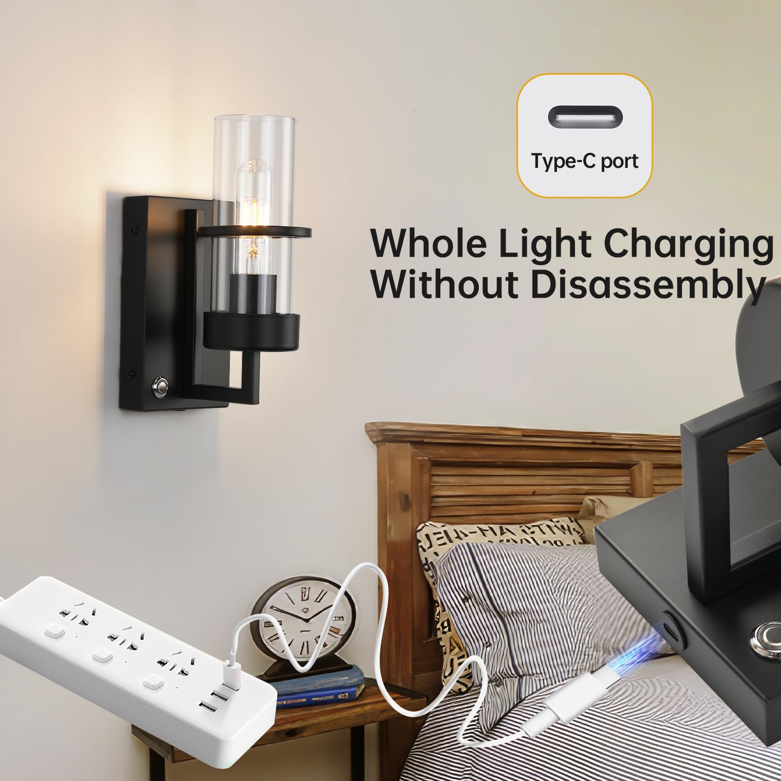 HOXIYA Dimmable Battery Operated Wall Sconce Set of Two, Whole Light Charing USB-c Rechargeable Wall Lamp, 8000mAh 60hrs Long Battery Life Powered Cordless No Wired Required, Clear Glass Shade Black