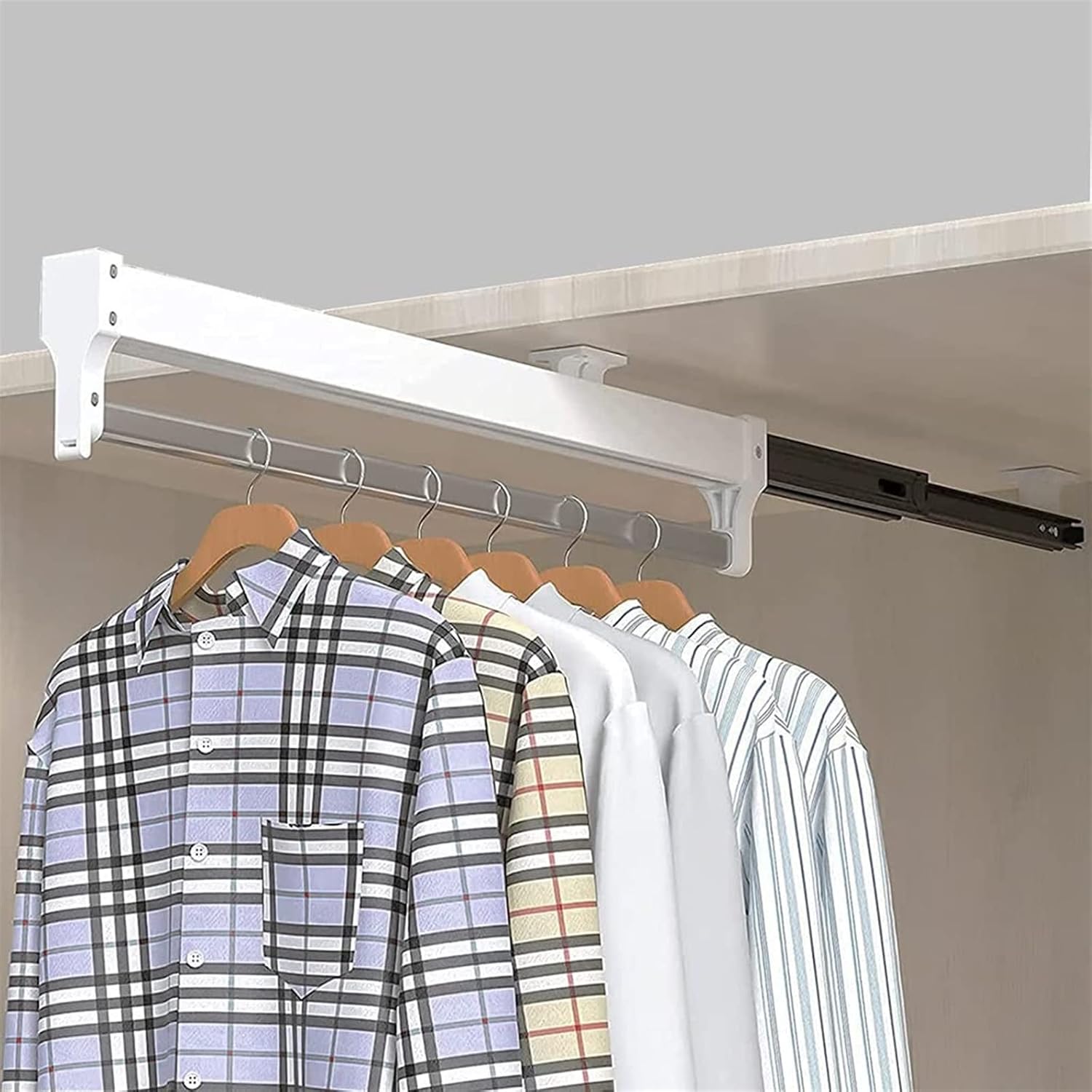 頑丈な引き出し式パンツハンガー - 調節可能なズボンラック、洗濯物干し用の伸縮式クローゼットロッド、耐荷重25kgの衣類レール、省ス