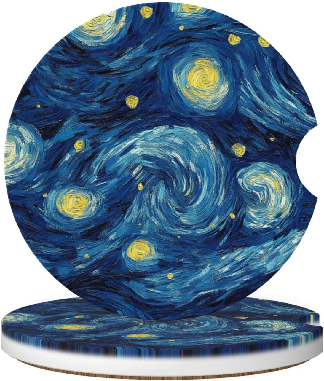 2pcs Car Cup Holder Coasters - Van Gogh Starry Night Absorbent Ceramic Round Coasters - Non-Slip Cork Base - Blue