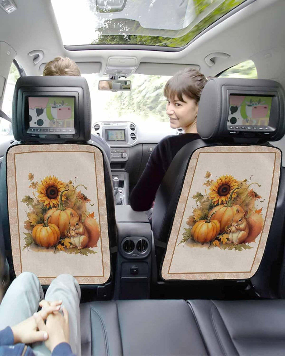 Car Seat Protector, 2 Pack Kick Mats with Organizer - 3 Pocket Storage, Thanksgiving Sunflowers and Pumpkin with Squirrel Back Seat Cover for Kids Universal Fit Automotive Interior Protectors