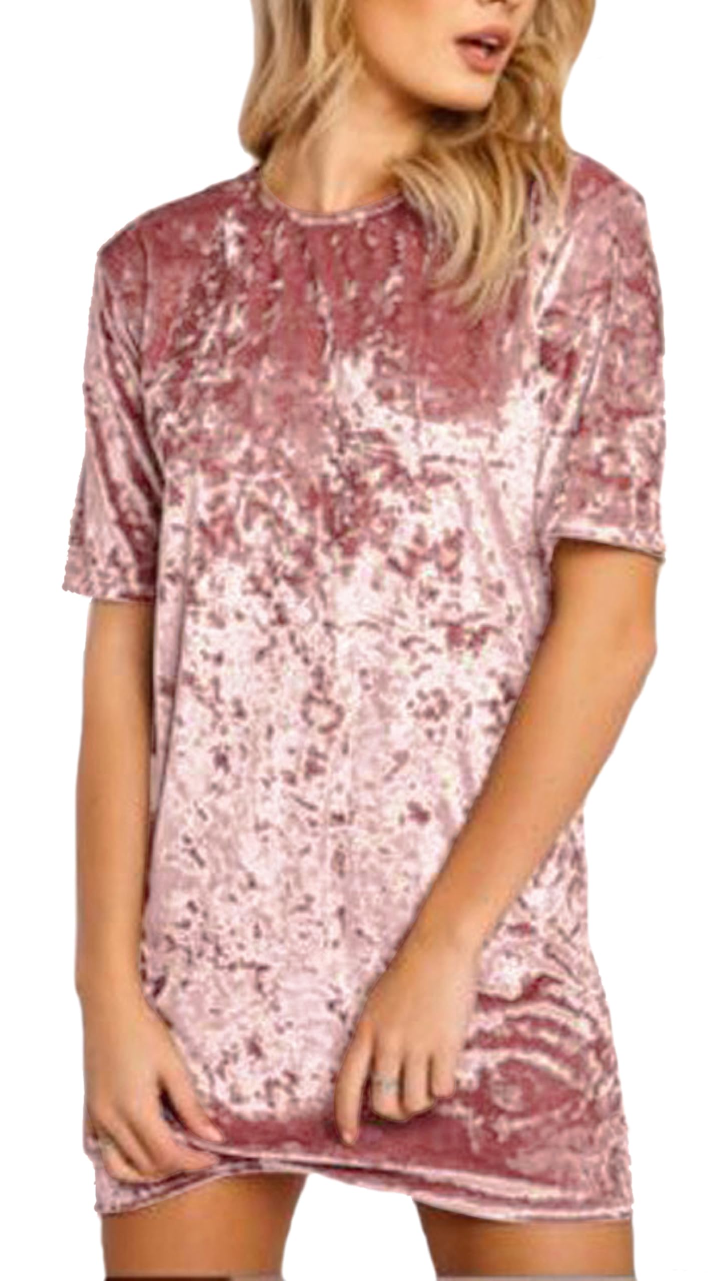 R.Vivimos Autumn Winter Women's Casual Short Sleeve Mini Dress Velvet Shift Short Dress(XLarge,Pink)