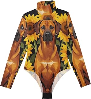 GuoChe Long Sleeve Bodysuit for Women Sunflowers Rhodesian Ridgeback Motif