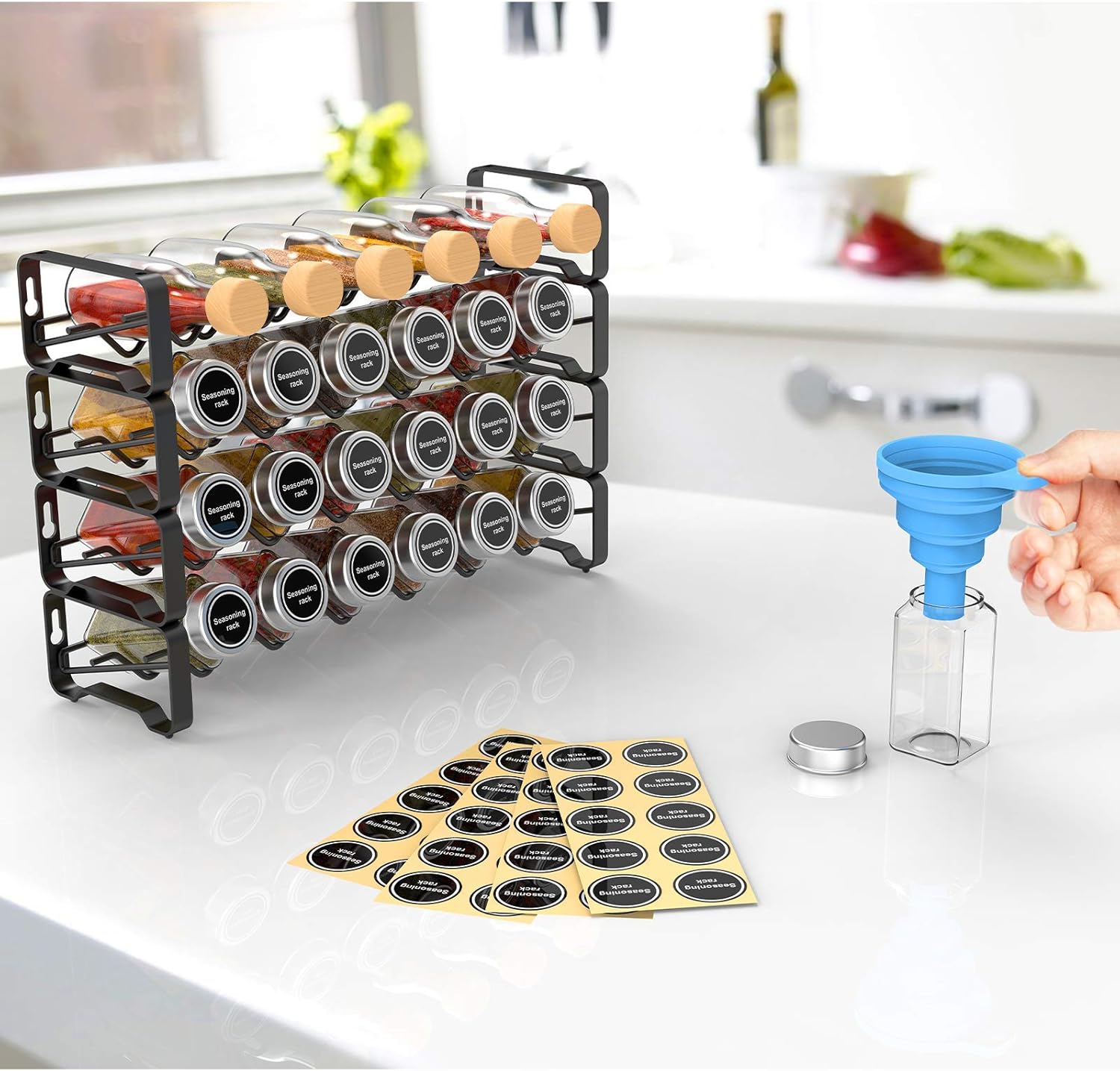 Auledio 4-Tier Stackable Spice Rack with 24 Glass, Seasoning Bottle Organizer with 80 Labels with Chalk Marker and Funnel Complete Set for Countertop, Cabinet or Wall Mount: Home & Kitchen