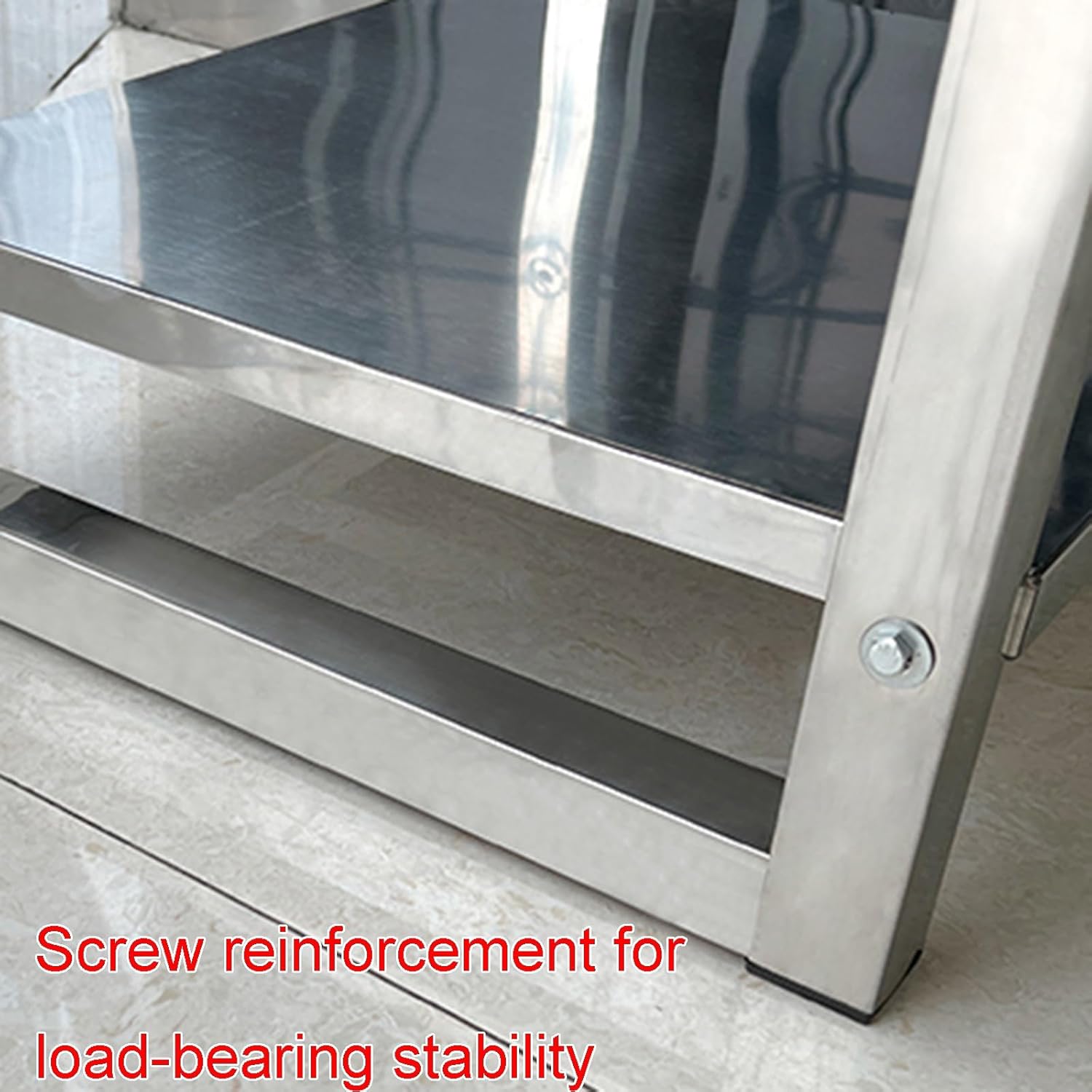 Two-Tiered Stainless Steel Work Table for Home Use Easy to Assemble and Disassemble Brushed Finish for Easy Cleaning Reinforced with Metal Screws