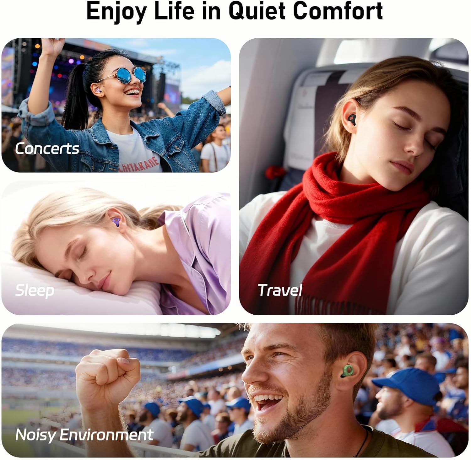 Noise Cancelling Ear Plugs for Sleeping, Concerts, Travel & Parents – Reusable Silicone Earplugs for Noise Reduction & Hearing Protection – 4 Pairs, Black + Black