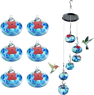 Outdoor Wind Chime Hummingbird Feeder, 6PCS Hand-Blown Colorful Hanging Glass Hummingbird Feeder, Ant and Wasp Proof with 6 Feeding Ports for Window, Patio, Outdoor Garden Decoration