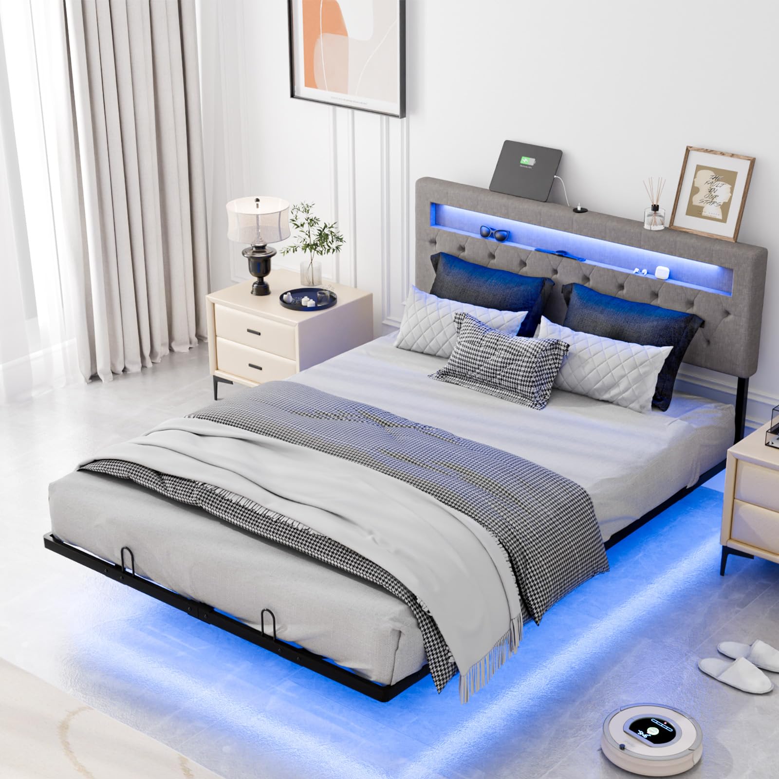 Bonnlo 5ft Floating King Size Bed Frame with LED Lights & Upholstered Storage Headboard, Kingsize Bed Frame-Charging Station,Under-bed Storage/Mattress Foundation/Metal Slat Support/Noise Free,150x200