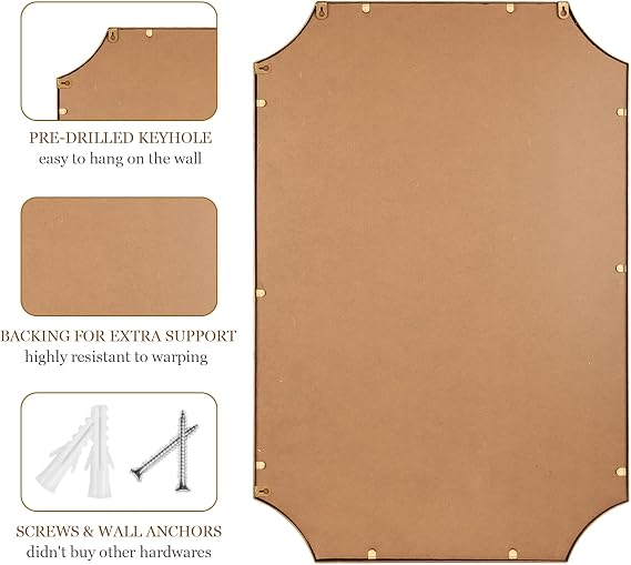 30x40 Mirror for Wall, Full Scalloped Corners Rectangle Decorative Mirror, Metal Beaded Frame Accent Wall Decor for Bathroom, Entryway, Mantel, Antique Gold