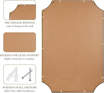 30x40 Mirror for Wall, Full Scalloped Corners Rectangle Decorative Mirror, Metal Beaded Frame Accent Wall Decor for Bathroom, Entryway, Mantel, Antique Gold