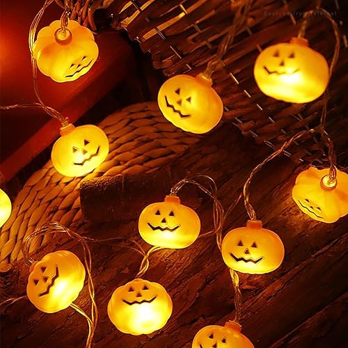 TORCHSTAR Guirnalda de luces de calabaza de Halloween, 20 LED 3D, impermeables, color naranja, funciona con pilas, luces decorativas de 8 modos,