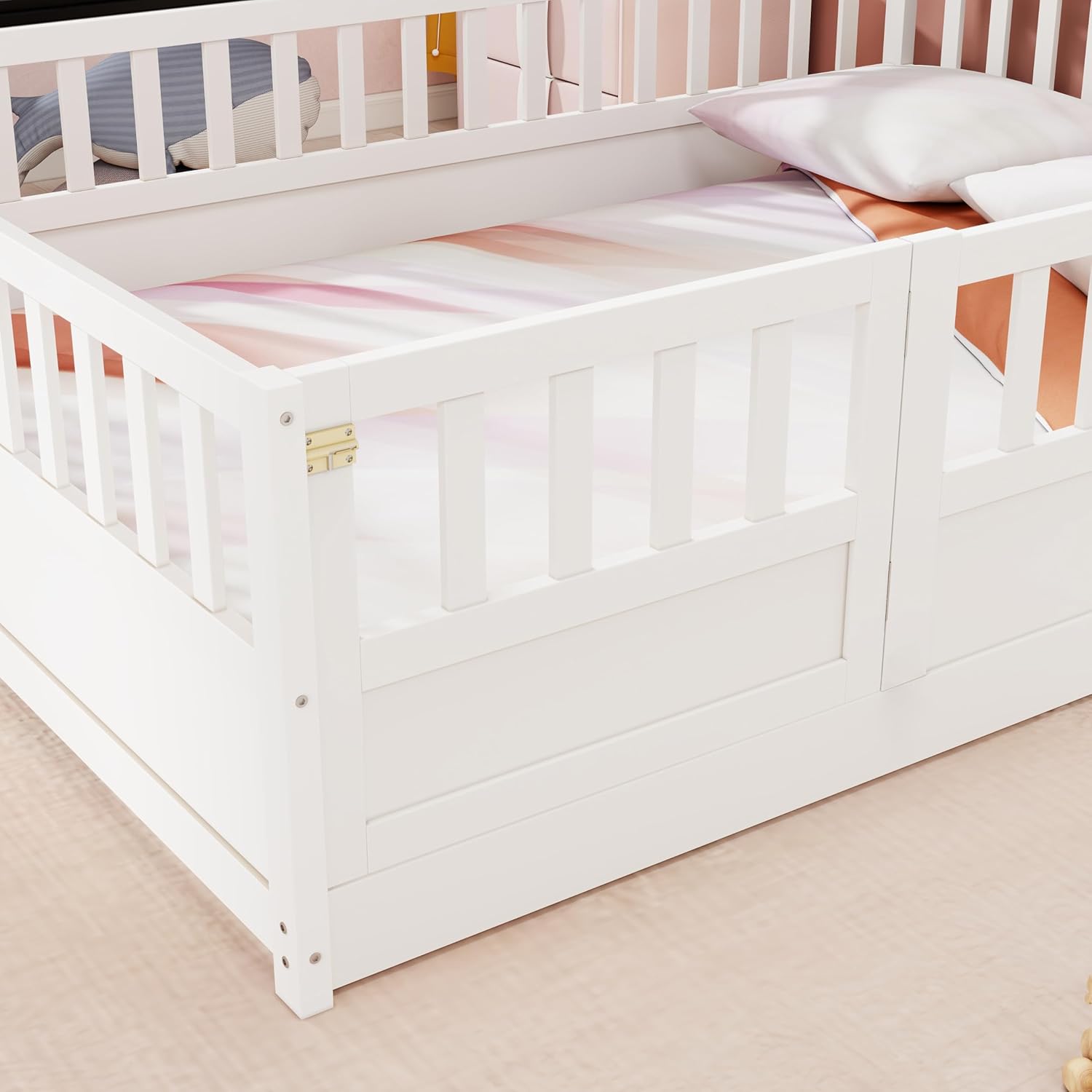 CITYLIGHT High Rail Montessori Floor Bed with Door Design, Full Size Wood Bed Frame for Boys & Girls, No Slats, White