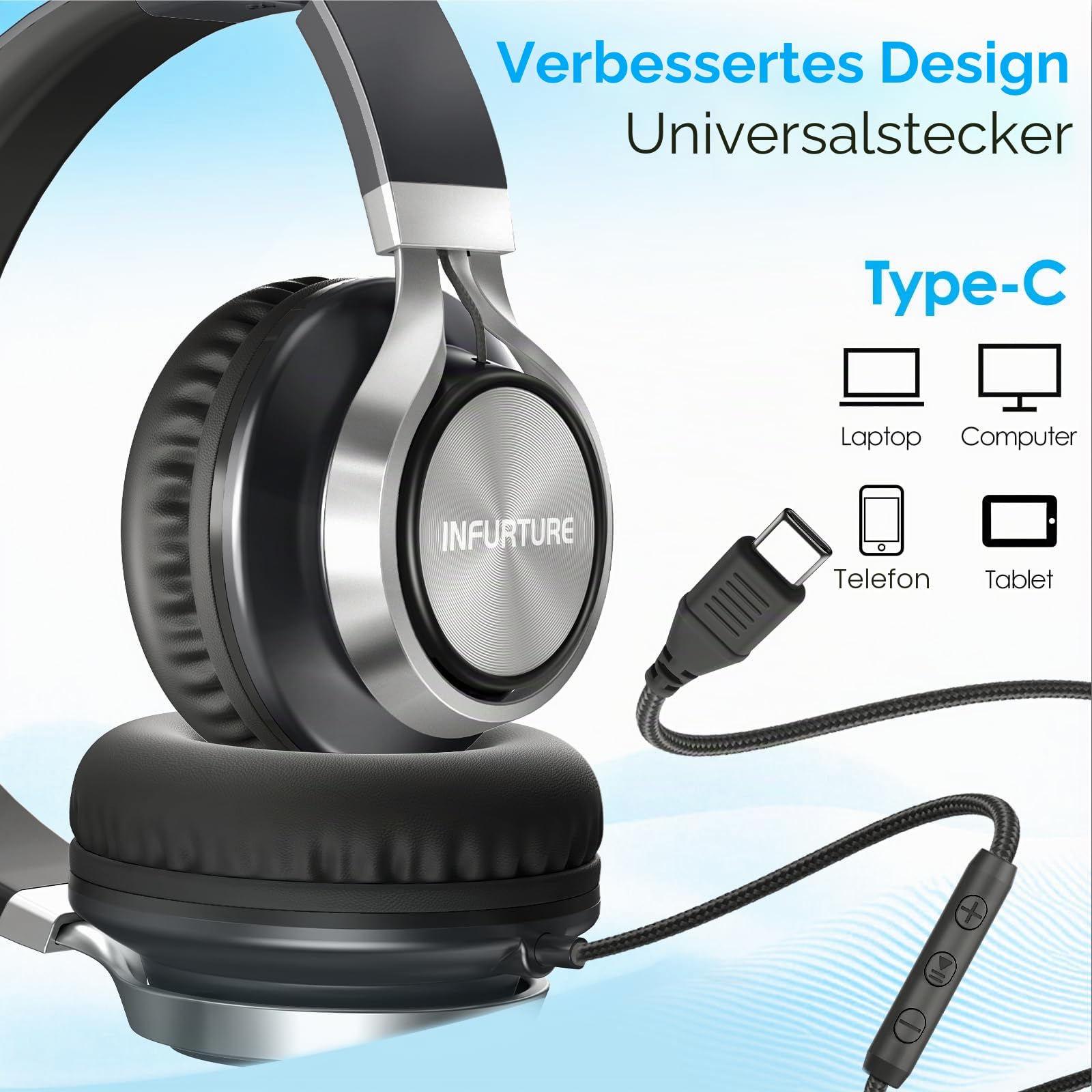 INFURTURE USB C Kopfhörer mit Mikrofon und Lautstärkeregler, Faltbare Kopfhörer Over Ear, Leicht Kopfhörer für Schule/Reisen/Zoom-Meetings/Online-Kurse/Sport/iPhone 17/16/15,Technikgeschenke - Schwarz