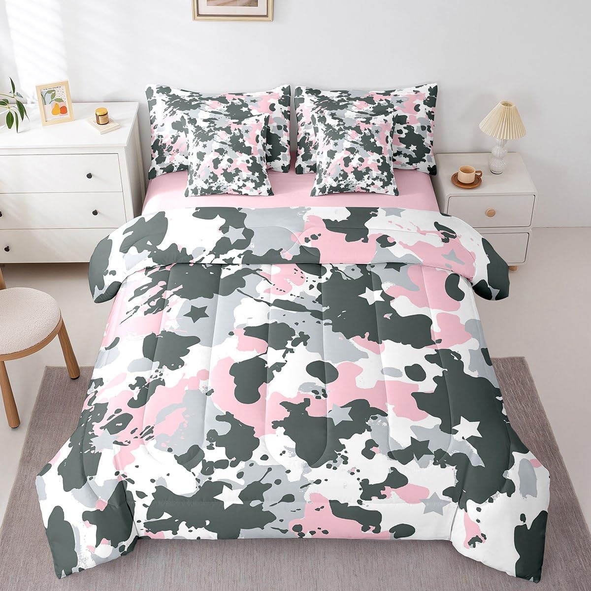 jejeloiu Blue Camouflage Comforter Set with Sheets Queen Size Kids Camo Bed in a Bag for Boys Girls Teens Military Style Disruptive Pattern Tree Branches Botanical 7 Pieces Bedding Set Soft Room Decor