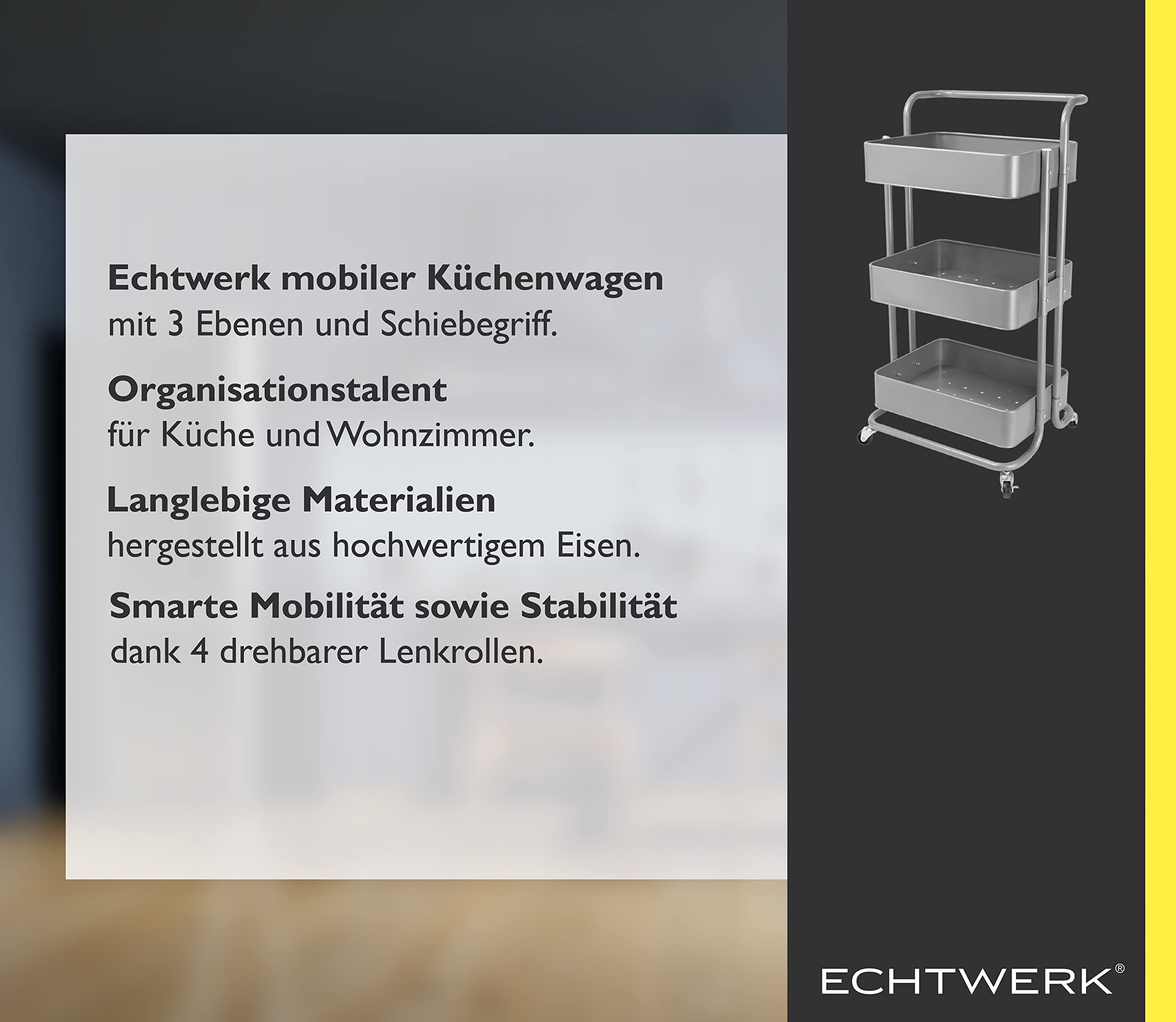 ECHTWERK Carro de Servicio móvil para Cocina/baño/Oficina con 3 Niveles, Carro de Cocina con cajones, Carro de Herramientas, Carro de artesanía, con asa de Empuje, Silver-Edition, 43 x 32 x 86 cm