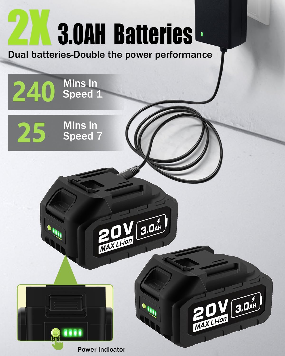 Electric Leaf Blower Cordless 530CFM - 2 X 3Ah Batteries and Fast Charger, 20V Lightweight Handheld Battery Leaf Blower with 7-Speed Control, 2 Extended Tubes for Yard, Lawn & Garden