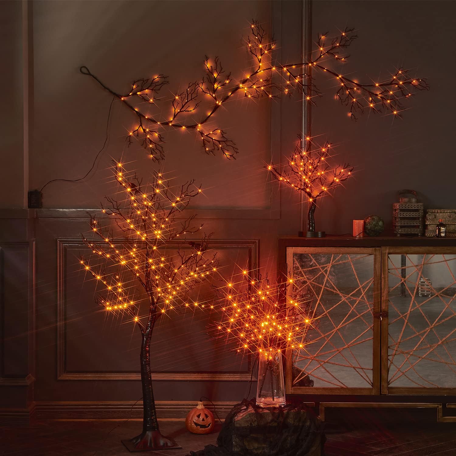 Fudios Lighted Black Halloween Trees with 150 Orange LED Fairy Lights 4FT Plug in, Spooky Halloween Tree Lights for Indoor Outdoor Home Party Decor