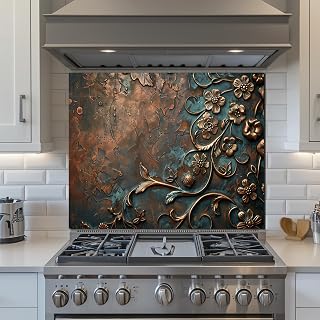 LMSDYSHU Tempered Glass Backsplash for Kitchen, Antique-Style Copper art Flowers, Frameless, Stove Backsplash Protector for Wall,Easy to Clean, Home Decor (30"x24")