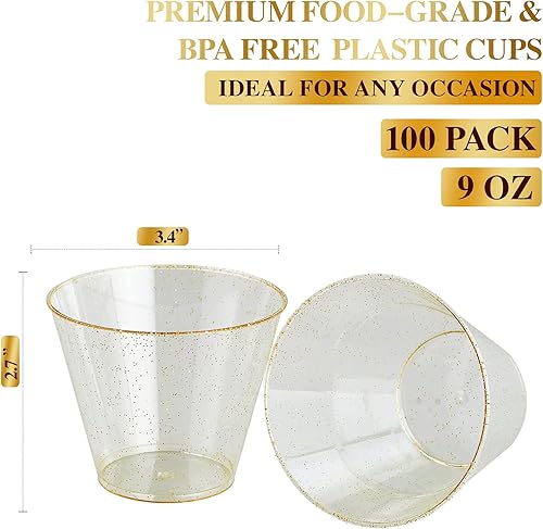 Miniatura 2 de FOCUSLINE Vasos de plástico dorado de 9 onzas, vasos desechables de plástico duro transparente, purpurina dorada, resistentes, reutilizables, 100