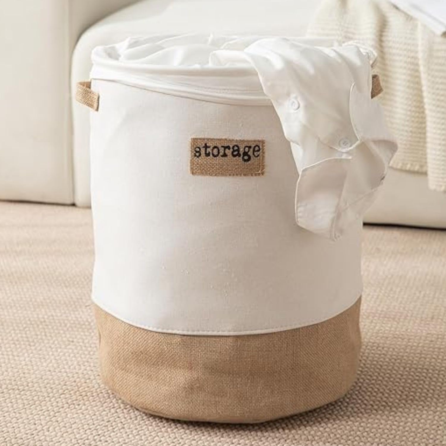 HOKIPO Folding Laundry Basket for Clothes; Round Collapsible Storage Basket with Lid (Drawstring Closure) White-Brown (AR-5868)-image-45