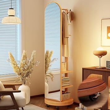 360 Rotating Full Length Mirror Solid Wood Oversized Floor Mirror with Coat Rack 2 Tiers of Shelves Floor Mirror Full Length with Swivel Wheels for Bedroom Living Room CloakroomNatural,15.7x15.7x67.
