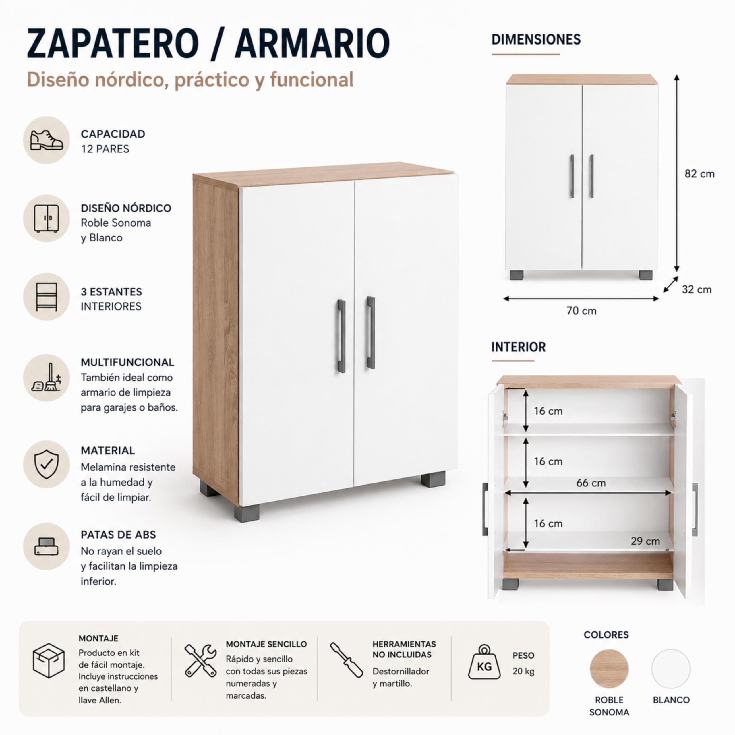 Armario Zapatero Bajo, Mueble Multiusos en Roble y Blanco, 70 x 32 x 82 cm Iris