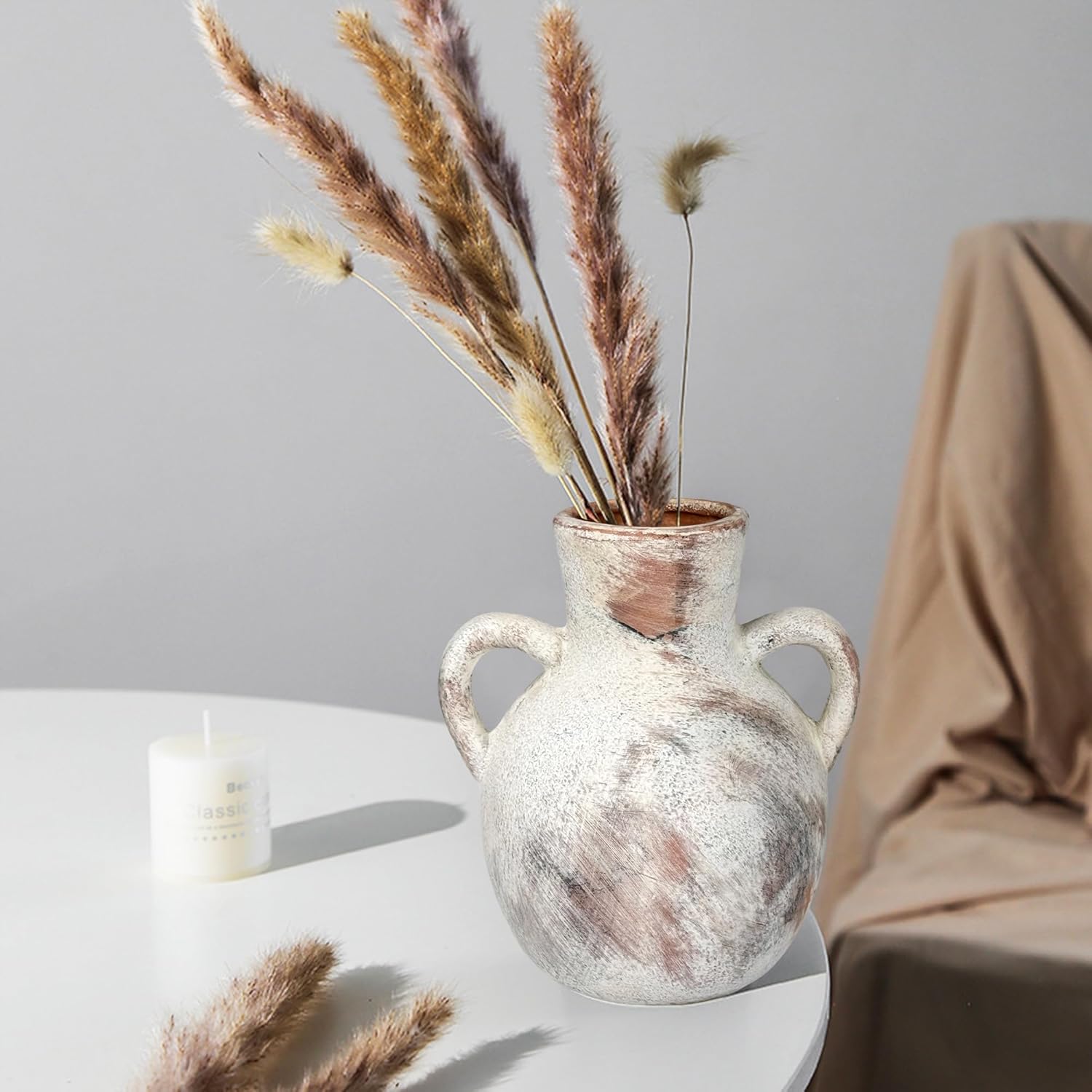 Rustic Ceramic Flower Vase with 2 Handles, Rustic Pampas Grass Vases, Farmhouse 7.5Inch Decorative, Flower Ceramic Vase for Home Decor, Table, Living Room Decoration, Office - Image 6