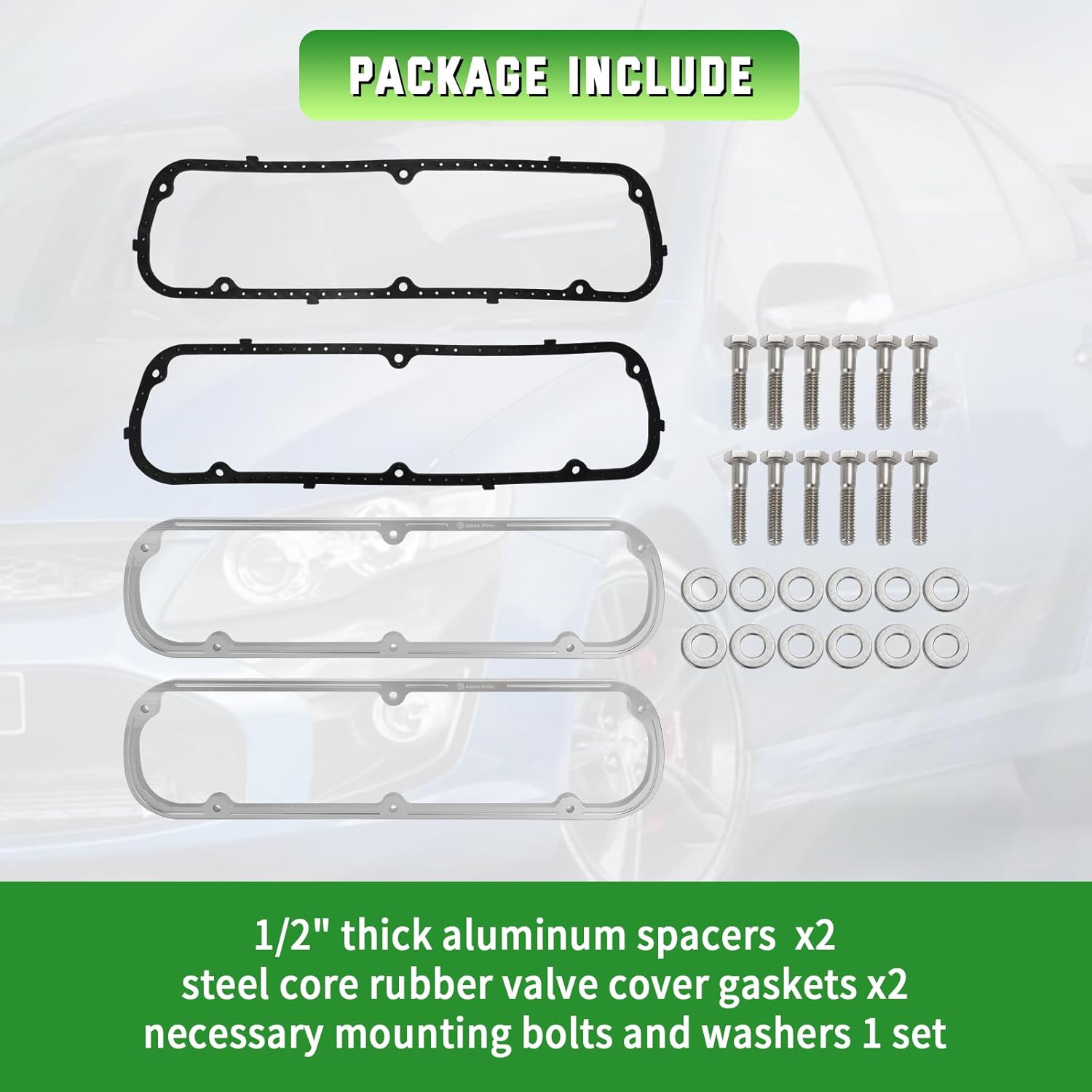 for Ford Valve Cover Spacers and Gasket Kit with Bolts- 1/2 inch Aluminum Spacers with Steel Core Gaskets for Small Block 289 302 351W SBF V8 Engine Replacement
