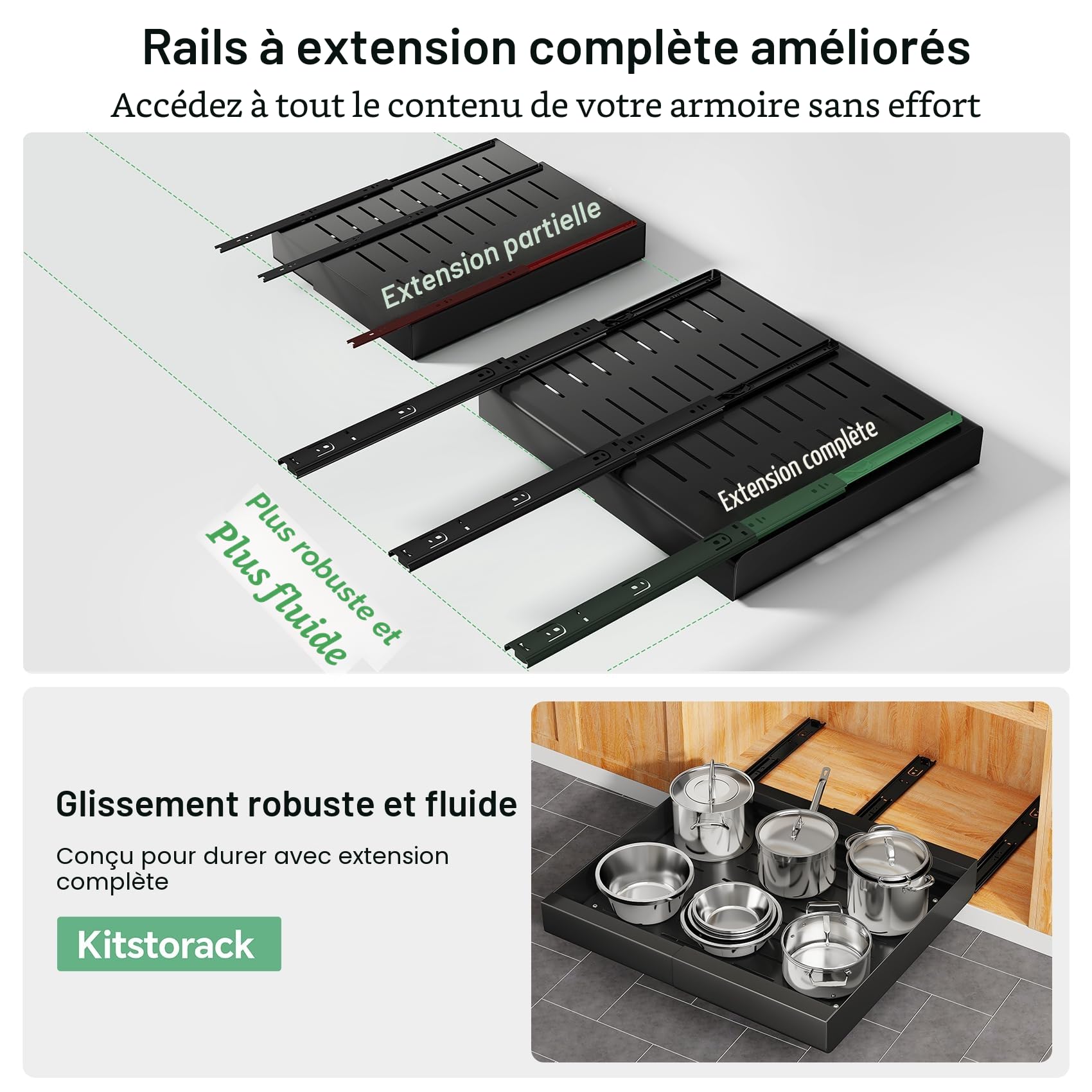 Kitstorack Tiroir Coulissant Cuisine 2 Pièces - avec 3 Rails de Guidage & Film Nano-Adhésif - Tiroir Coulissant Placard pour Rangement Cuisine - Montage par Adhésif ou Vis (43x30-50x5,8 cm, Noir)
