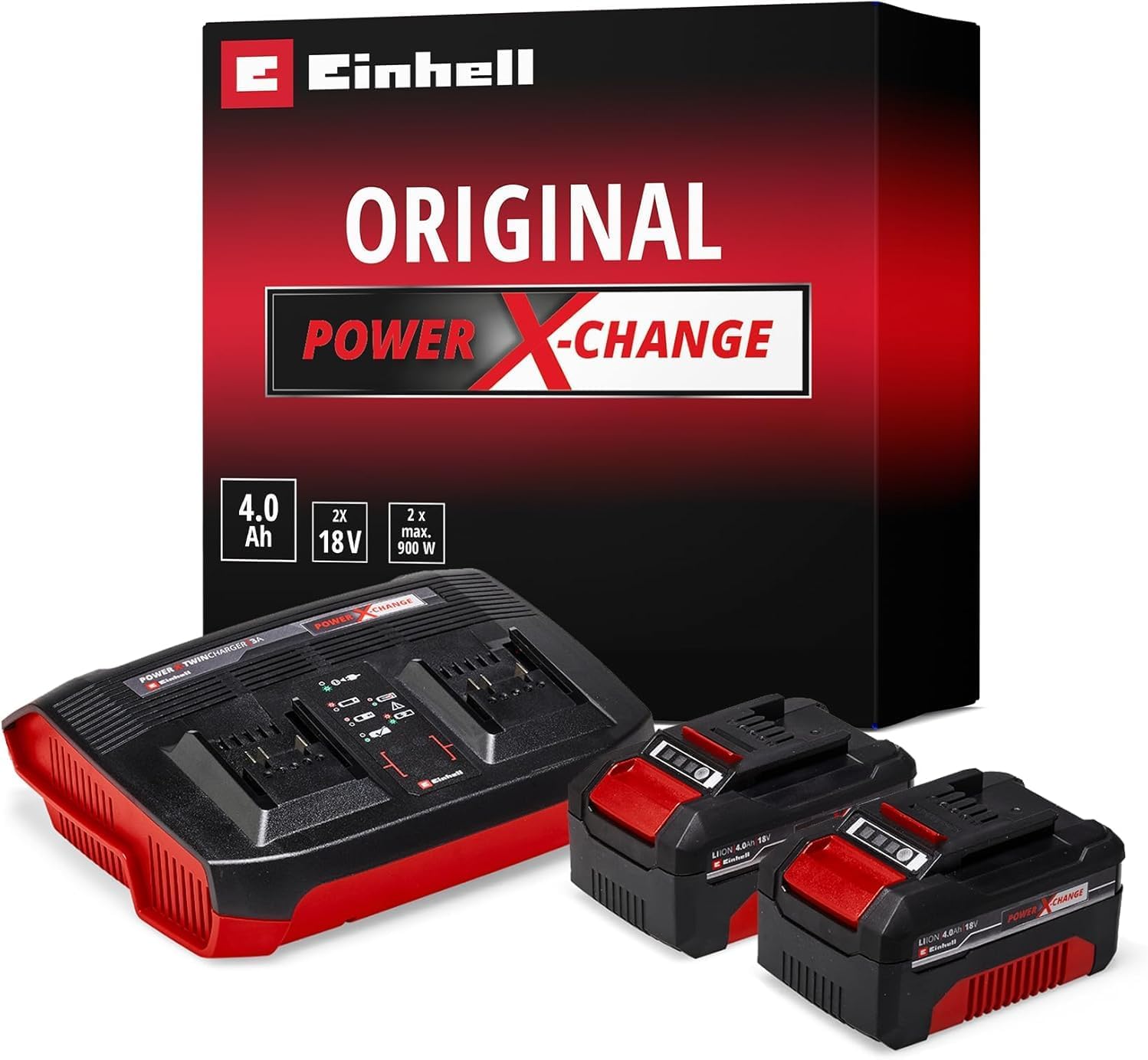 18V 4.0Ah Lithium-Ion Twin Battery and Charger Set, Power X-Change Starter Kit 2x 4.0Ah Batteries and Twincharger Set, Universally Compatible With Einhell PXC Tools and Garden Machines