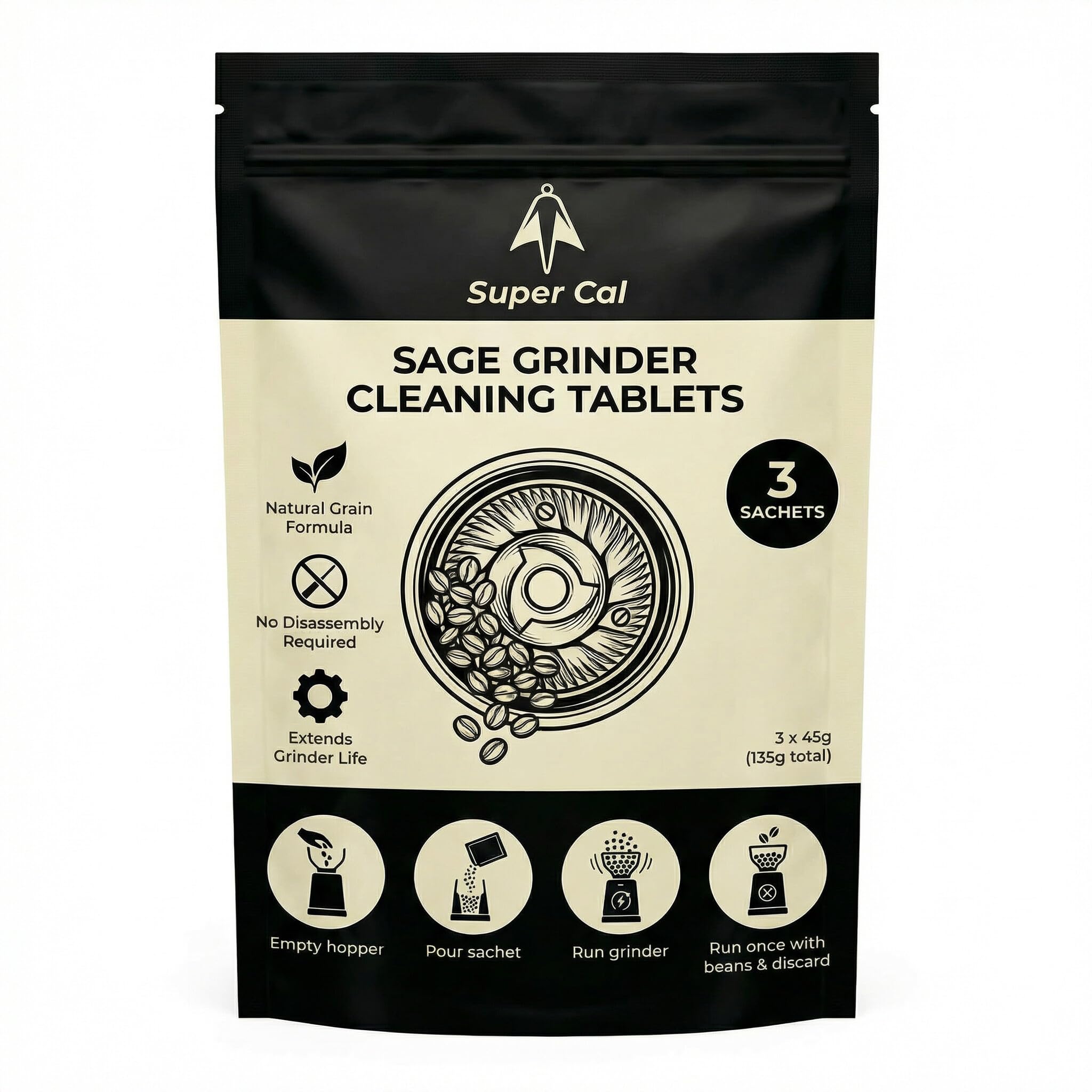 Sage Grinder Cleaning Tablets - Coffee Grinder Cleaner - 3 x 45g Sachets - Food-Safe, Gluten-Free, Natural Grain Formula - Cleans Burrs & Extends Your Grinder Life - Coffee Machine Cleaner - Super Cal