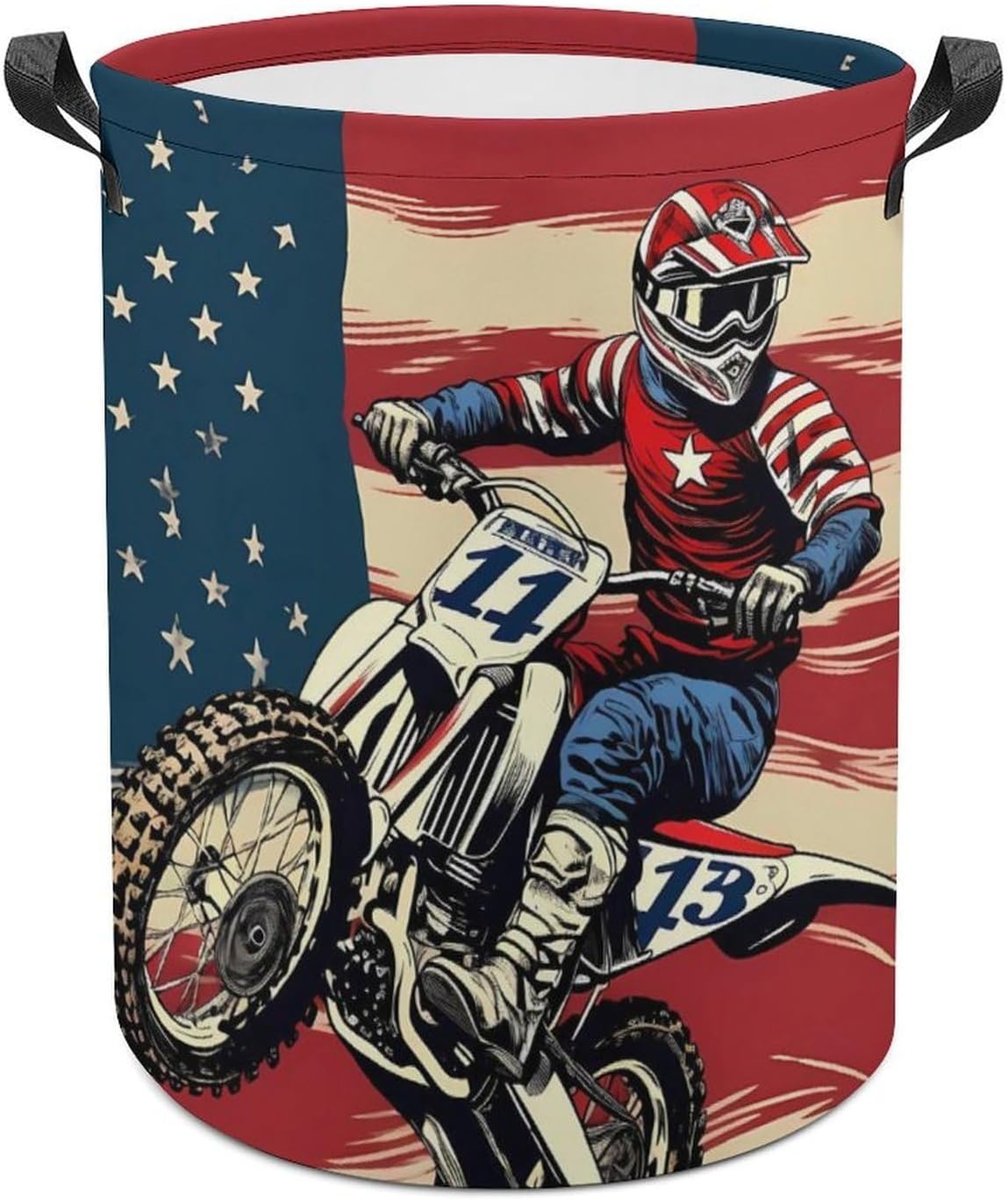 Dirt Bike U.S. Flag Novelty Collapsible Laundry Baskets Waterproof Clothes Hamper Storage Bins with Handles 13.8"x13.8"x17.3" 17.3"x17.3"x17.3"