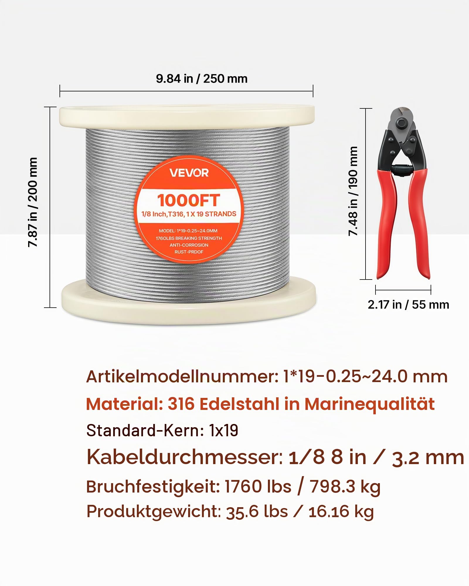 VEVOR Edelstahldrahtseil φ3,2 mm 304,8 m Länge, Drahtseil aus Edelstahl 316 mit einer Bruchlast von 798,3 kg, 1x19 Litzen, Stahlseil für Terrassengeländer, Gartenspaliere, inkl. Drahtschneider