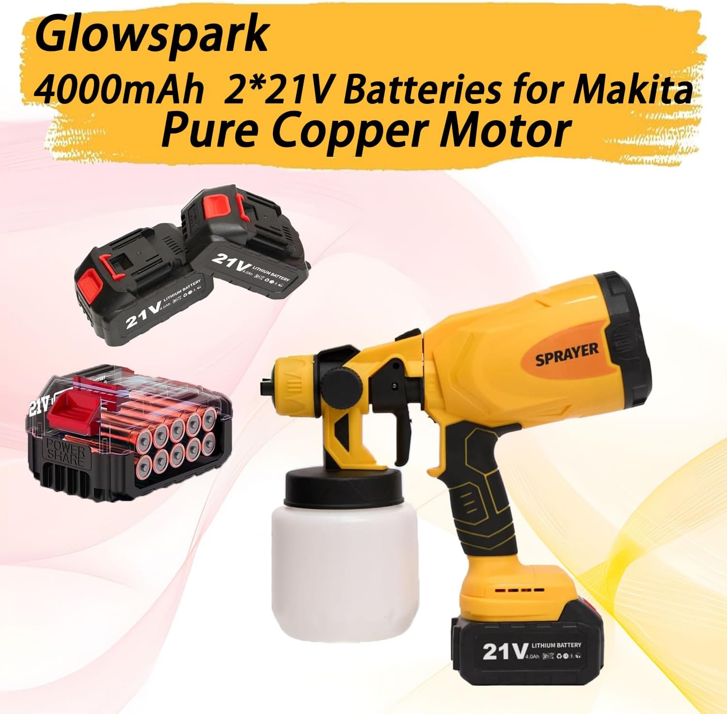 Cordless Paint Sprayer 650W Power Electric Spray Paint Gun with 2 * 4000mAh Batteries, 4 Copper Nozzles & 3 Spray Patterns, Easy to Clean, for House Painting, Fence, Garden, Walls, Yellow