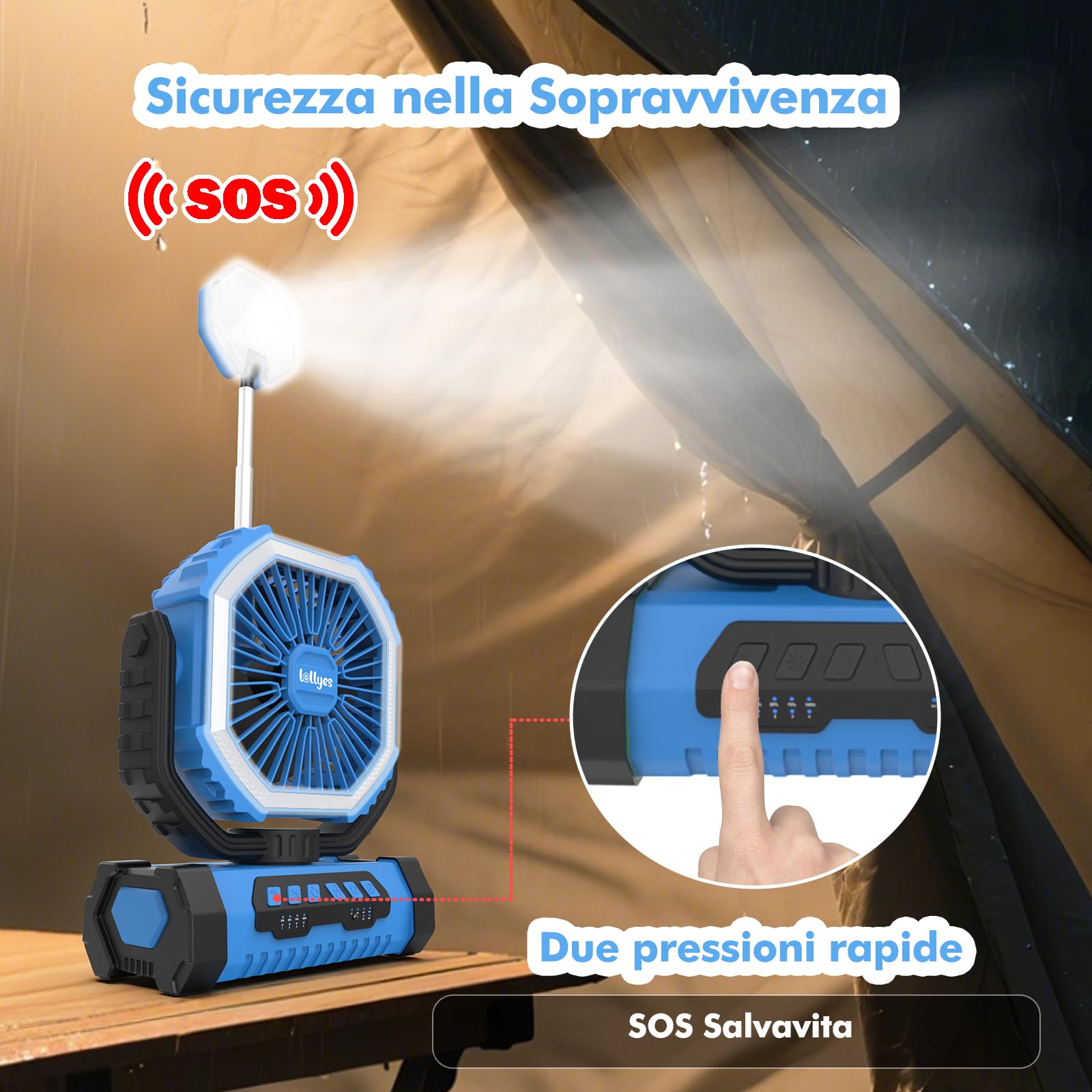 Ventilatore da Campeggio con Luce, Alimentazione a Batteria 20000mAh, Ventilatore Portatile Ricaricabile con Telecomando e Gancio Rotante a 360°, 4 Velocità per Interni, Viaggi, Camper (Blu)