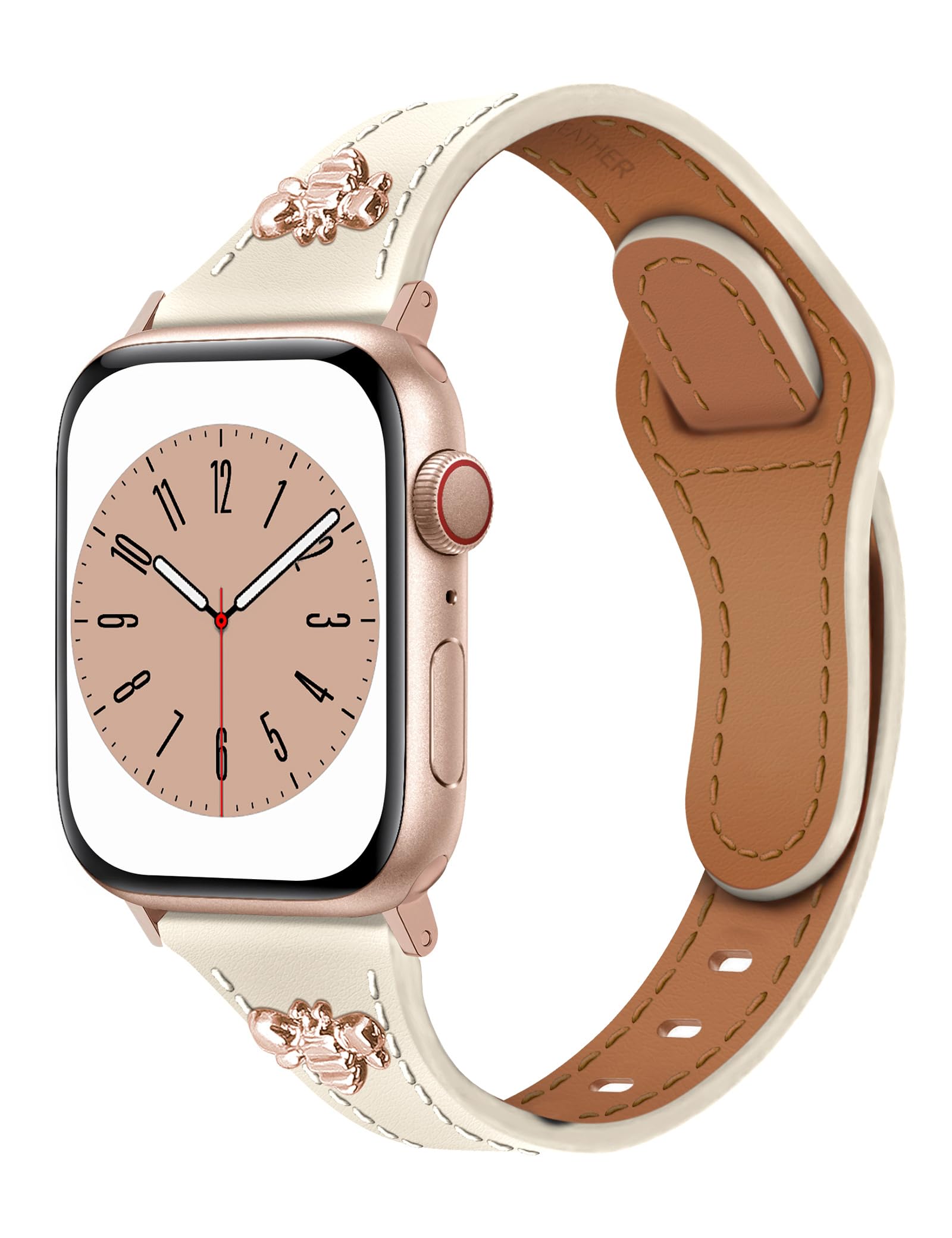 Newlibery Slim Leather Bands with Charms Women Compatible with Apple Watch Band 42mm(S123)44mm 45mm 46mm 49mm,Top Genuine Leather Strap Thin Wristband