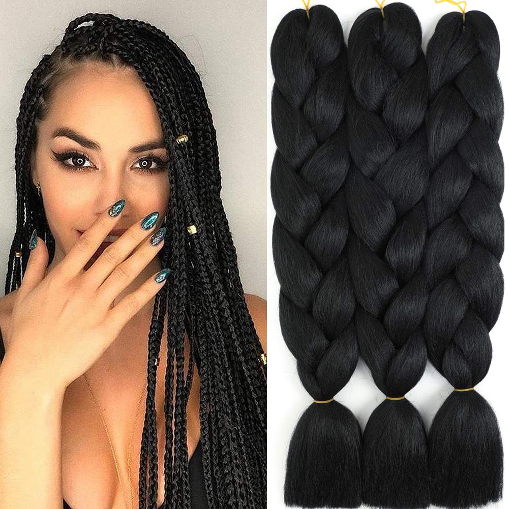 Black Braiding Hair Extensions Synthetic Hair for Braiding Jumbo Braiding Hair Box Braiding Hair Braiding Hair Black Braid in Hair(3Pack, Black 1#)