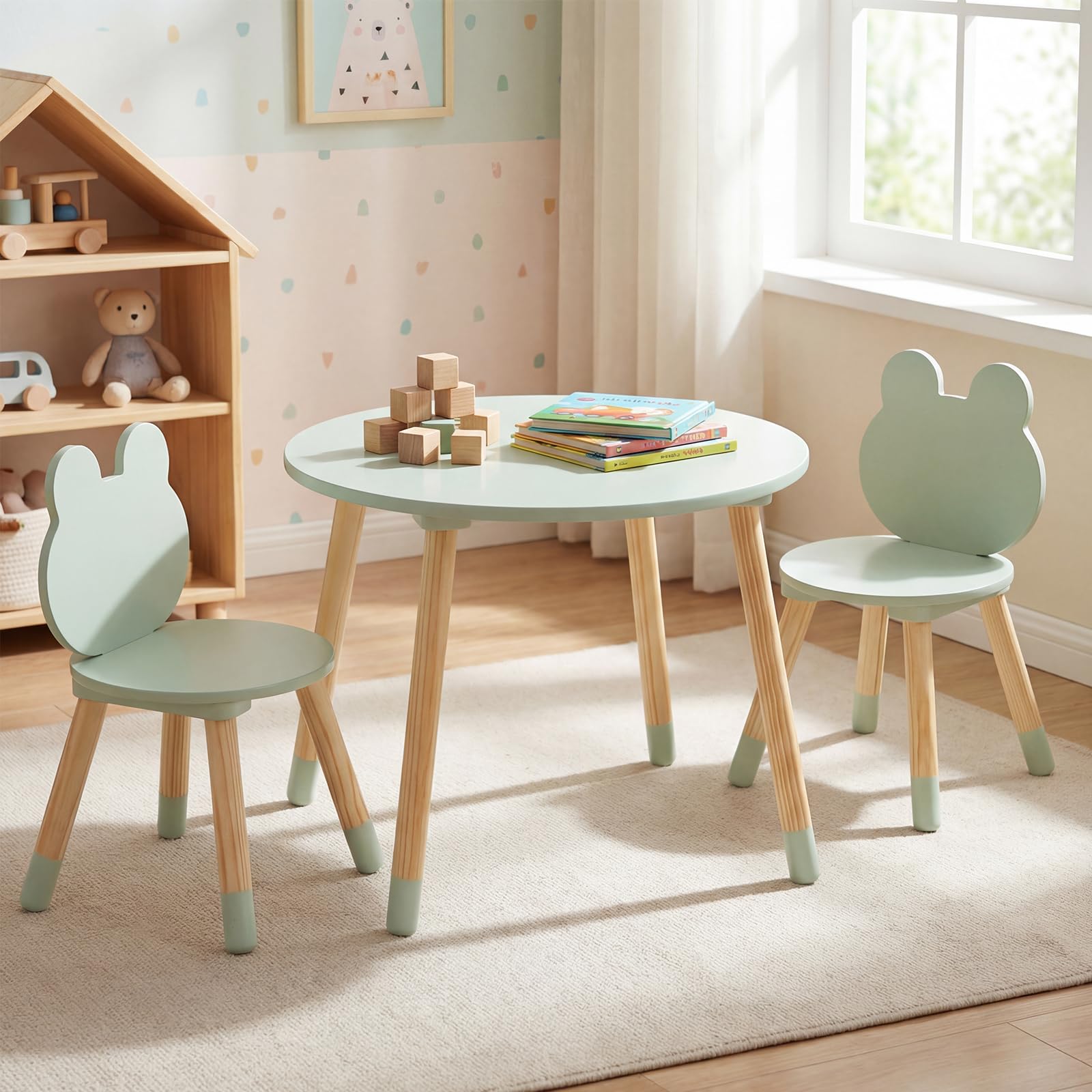 COSTWAY Set Tavolo e Sedie per Bambini, Tavolino e 2 Sedie a Forma di Rana con Gambe in Legno e Angoli Arrotondati, Set Mobili Salvaspazio per Bambini 3+ Anni per Cameretta Ragazzi (Verde)