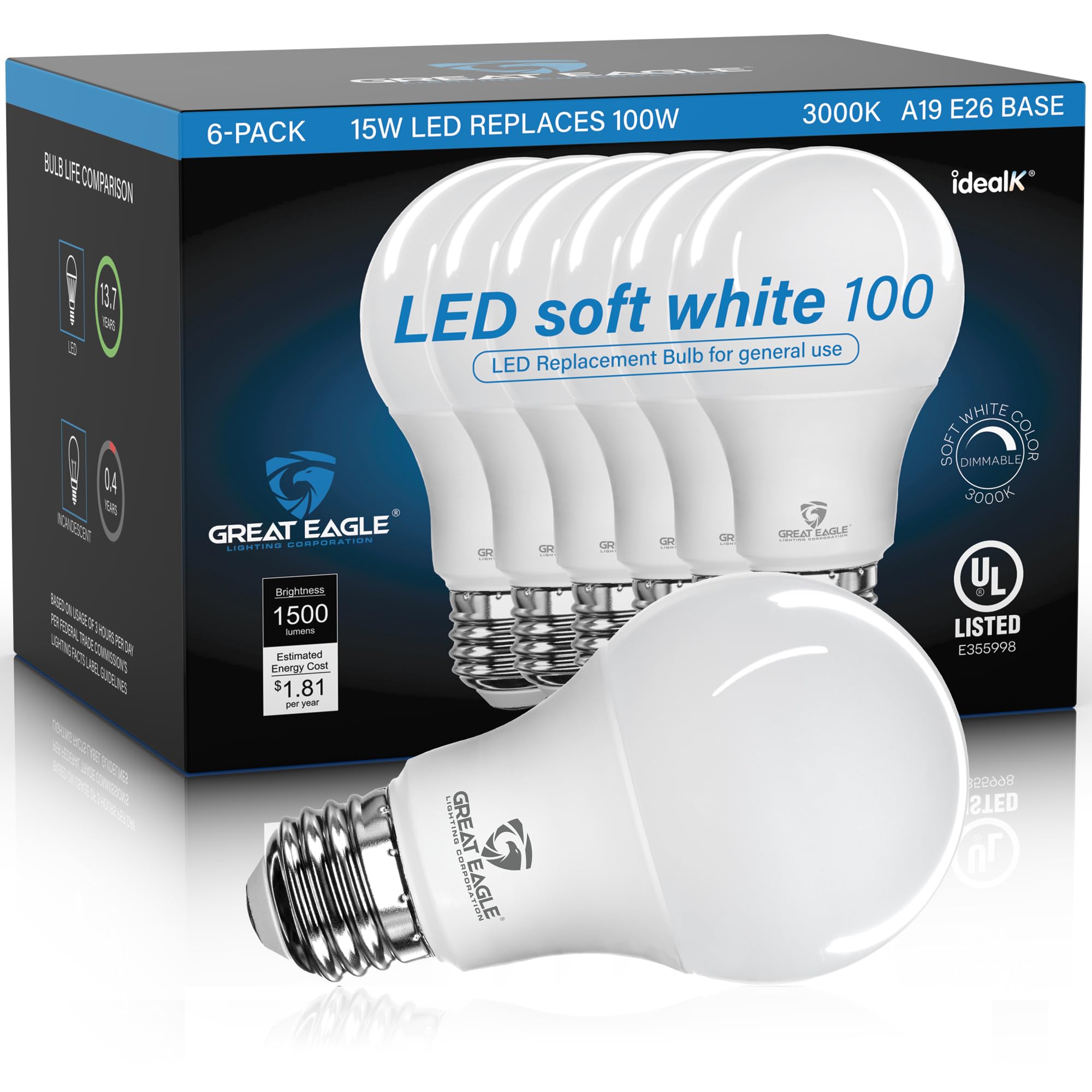 100W LED Light Bulb Equivalent A19 Soft White 3000K Dimmable UL Listed (6 Pack)