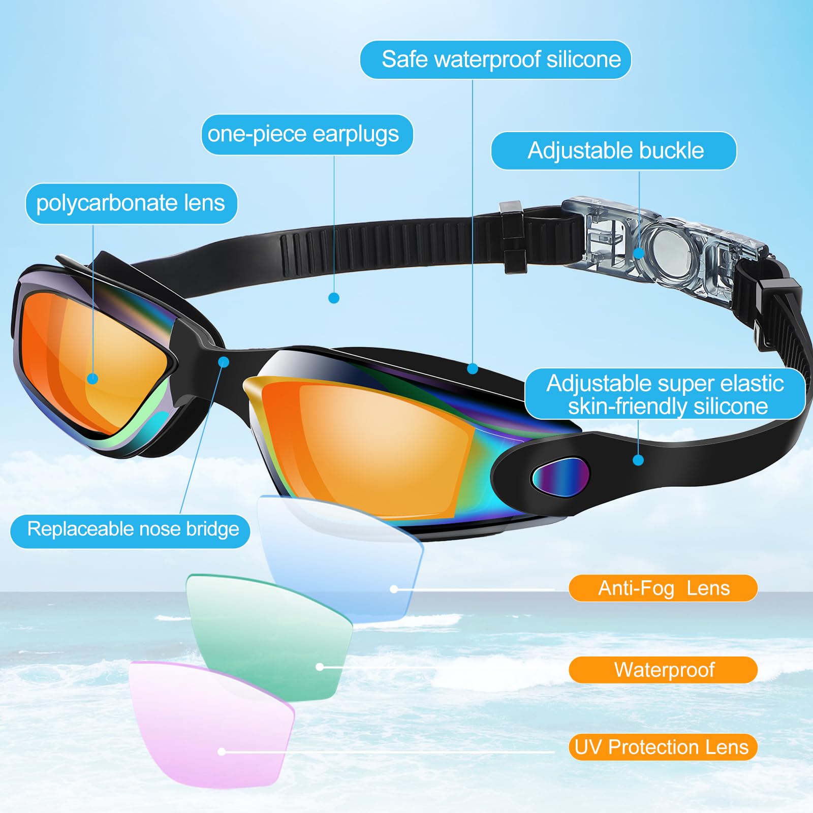 Flutesan Confezione da 3 occhialini da nuoto in silicone anti appannamento, con clip per naso e tappi per le orecchie, per piscina per adulti, 3 colori (verde, arancione, argento)
