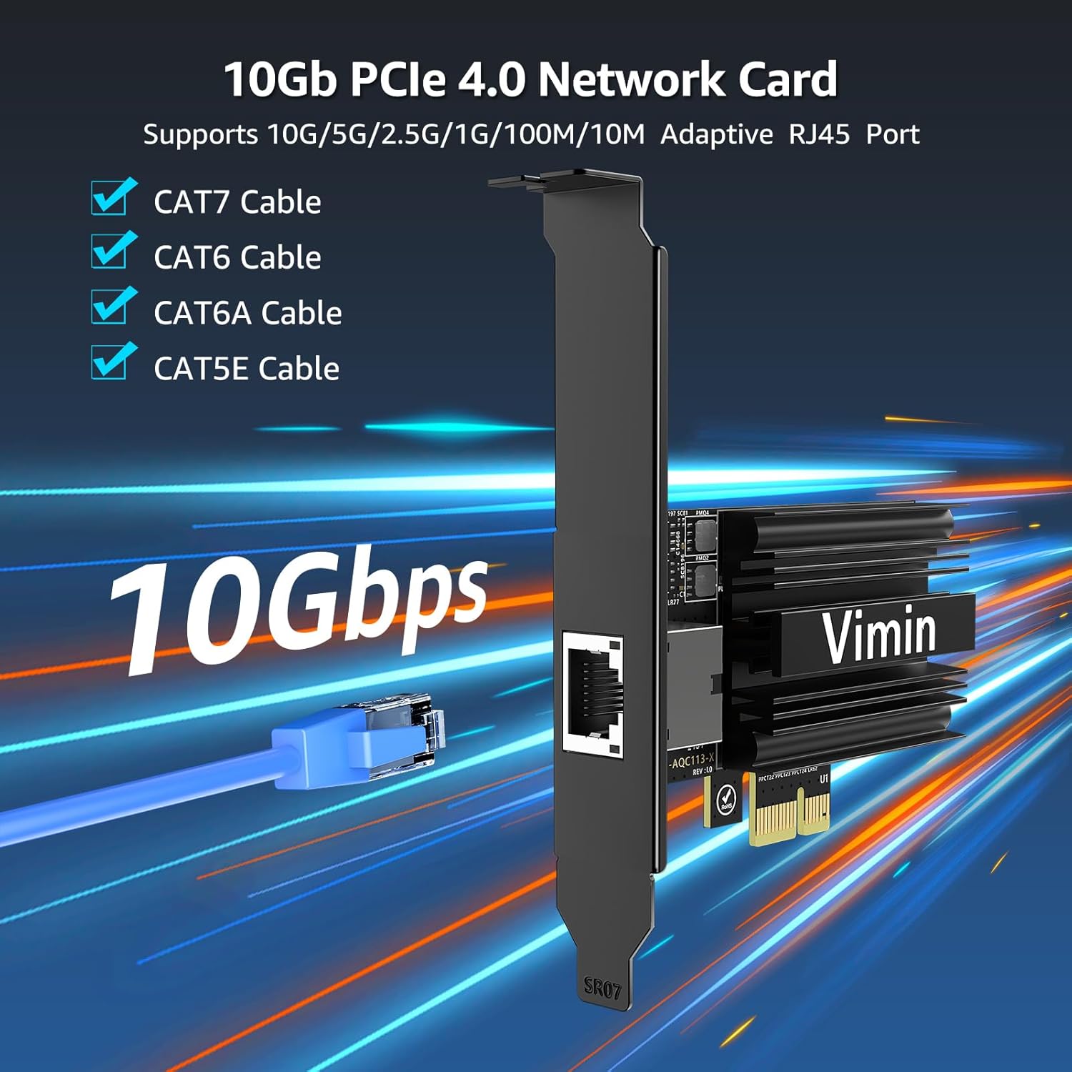 10G PCIE4.0×1 Network Card, Marvel AQC113 Controller, VIMIN 10Gb Base-T Ethernet Adapter Card Compatible with PCI Express X1,X4,X8,X16, 10G NIC RJ45 Port Support Windows/Windows Server/Linux/VMware